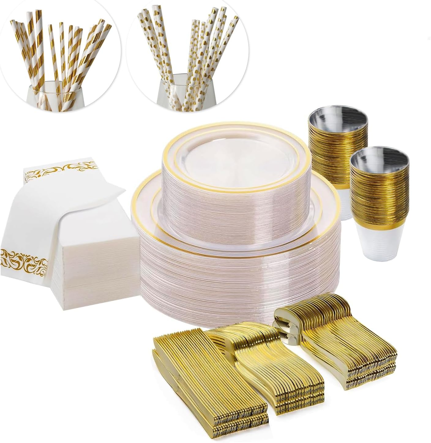 Sebusong 225 Pcs Dinnerware Set Gold, Reusable Plastic Dinner Plates Set Include 25 Dinner Plates, 25 Salad Plates, 75 Silverware(25 Forks, Knives, Spoons), 25 Napkins, 25 Cups, 50 Paper Straws image number 1