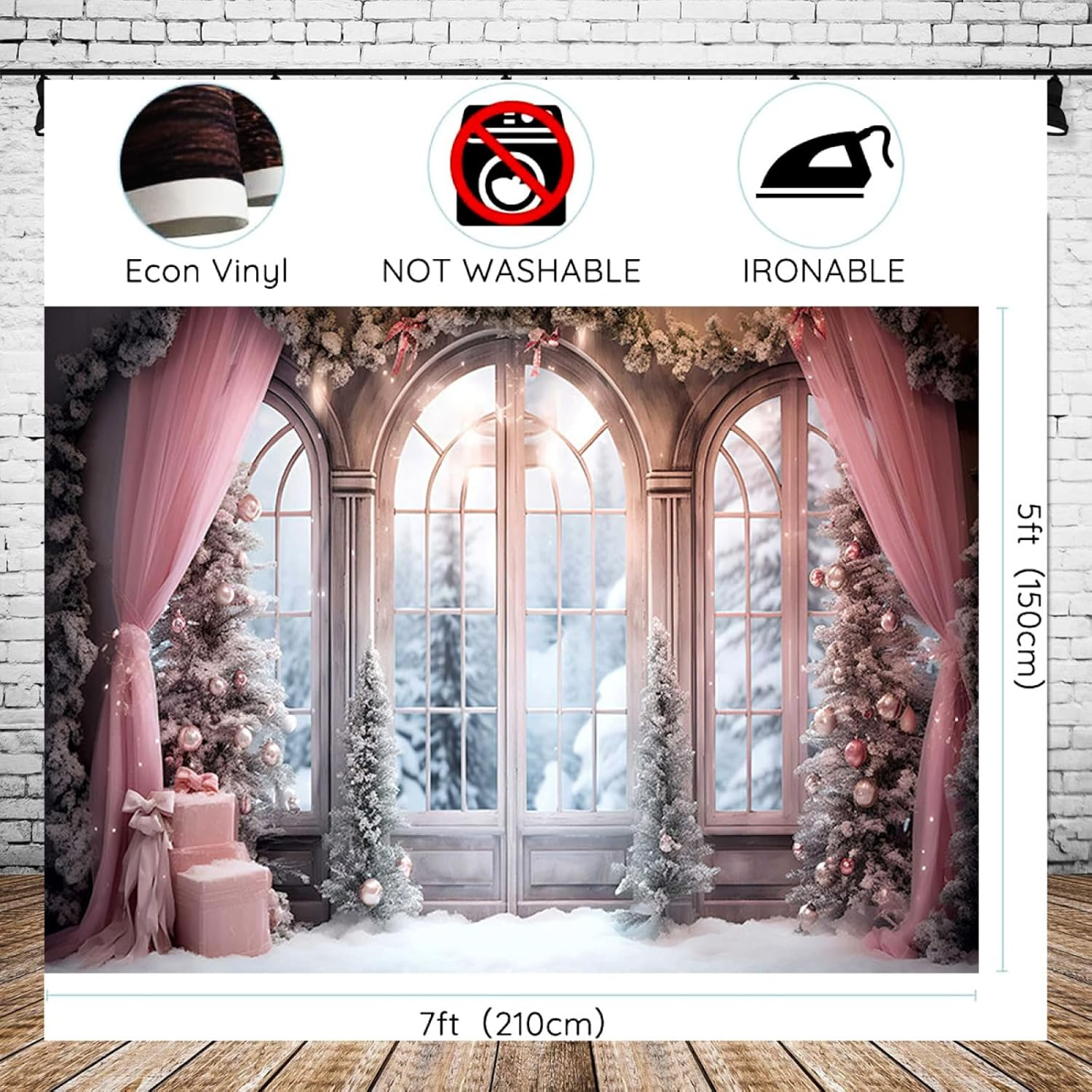 Pink Curtain Winter Xmas Photo Background Christmas Winter Snow Forest Window Photography Background Family Holiday Party Decorations Baby Shower 1St Birthday Backdrop,7X5Ft image number 2