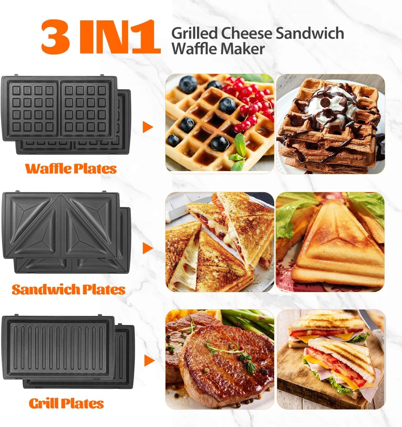 3-In-1 Sandwich Maker with Removable Plates, Non-Stick Waffle Iron & Panini Press for Grilling, Compact Electric Grill with Cool-Touch Handle, LED Lights & Easy Clean