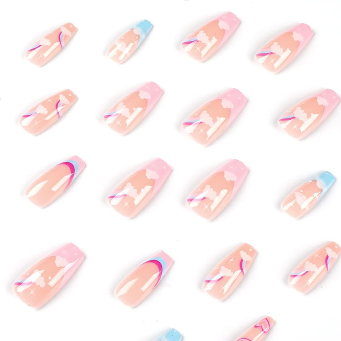 Pink Coffin Press on Nails 24 PCS Heart False Nails Glossy Long Fake Nails with Rainbow and Cloud Design Full Cover Art Tips for Women & Girls image number 3