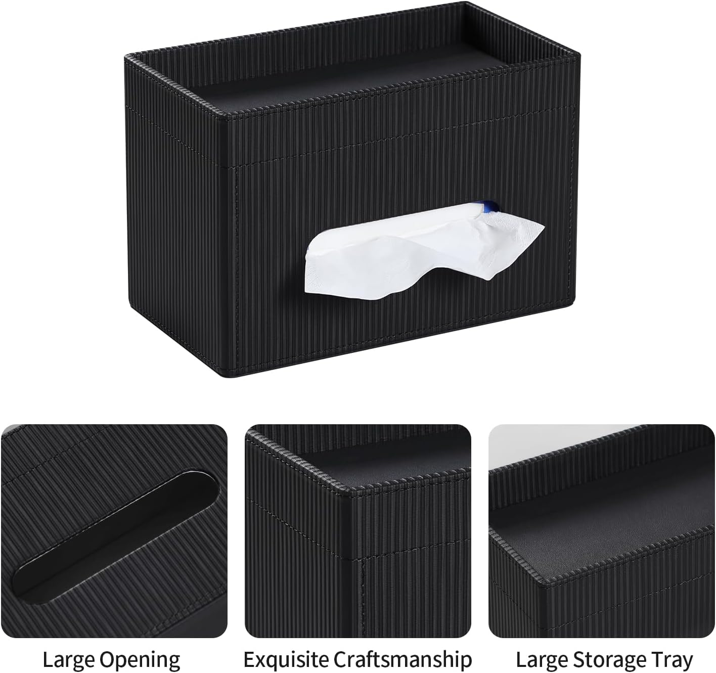 Cretkhp Rectangular Tissue Box Cover with Storage Tray, PU Leather Tissue Box Holder for Bathroom Vanity Countertop Night Stands Bedroom Office Desk, Stylish Tissue Holder Decorative Organizer (Black) - White image number 5
