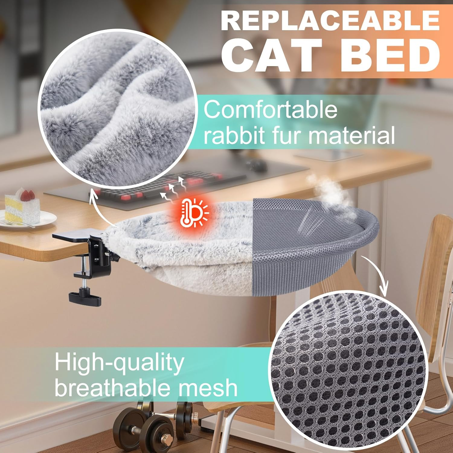Uross Cat Desk Bed - 180&deg; Rotating Soft & Comfortable Rabbit Fur Bed Cat Hammock, Modern Indoor Cat Nest Furniture for Office Desks and Game Tables, Island Table-Supports 23 KG (Lightgrey) image number 5