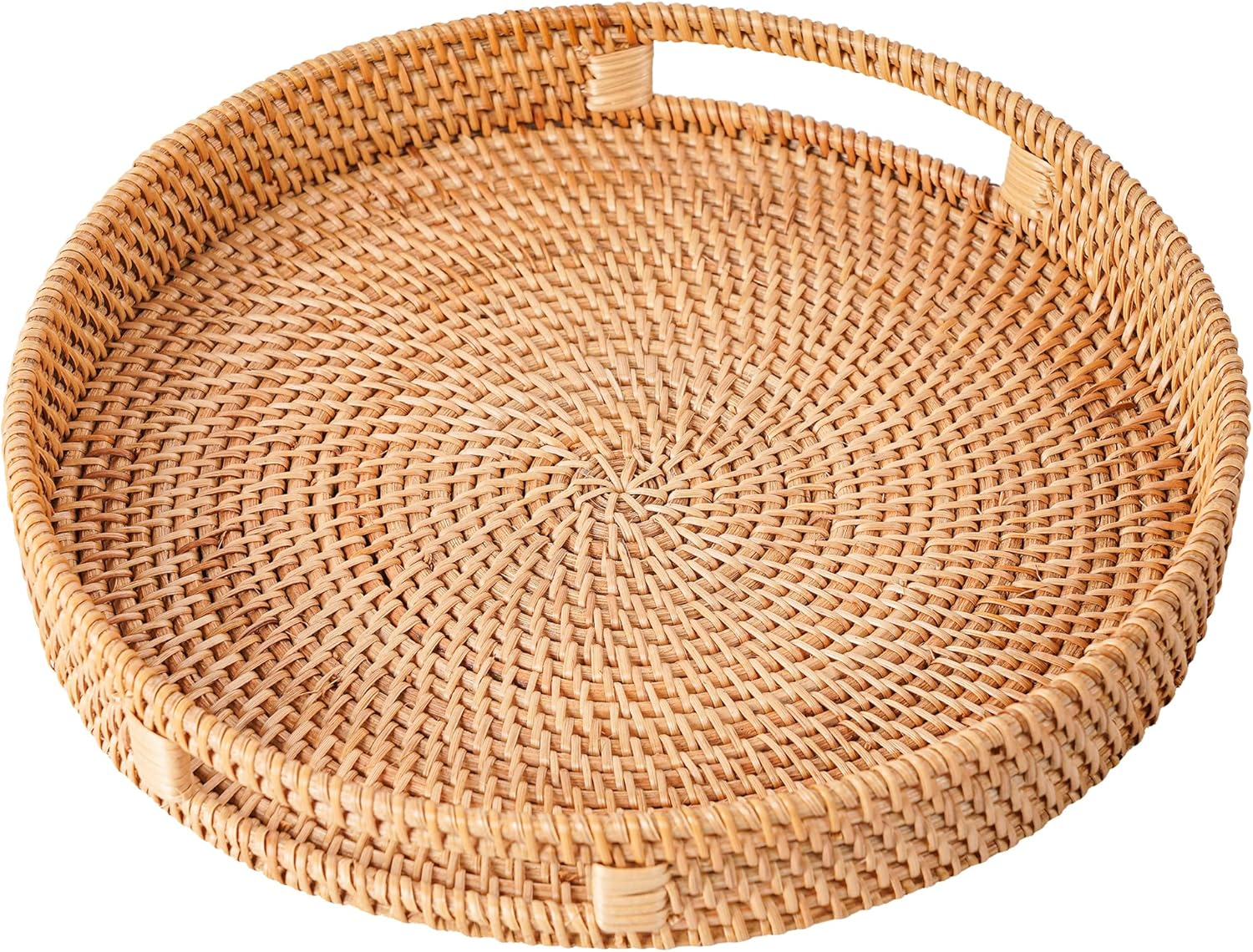 FIYAMMY Large round Rattan Serving Tray Set of 2, Woven with Handles, Wicker Fruit Bread Basket for Coffee Table (13.8In X 2.8In; 11.8In X 2.4In) image number 4