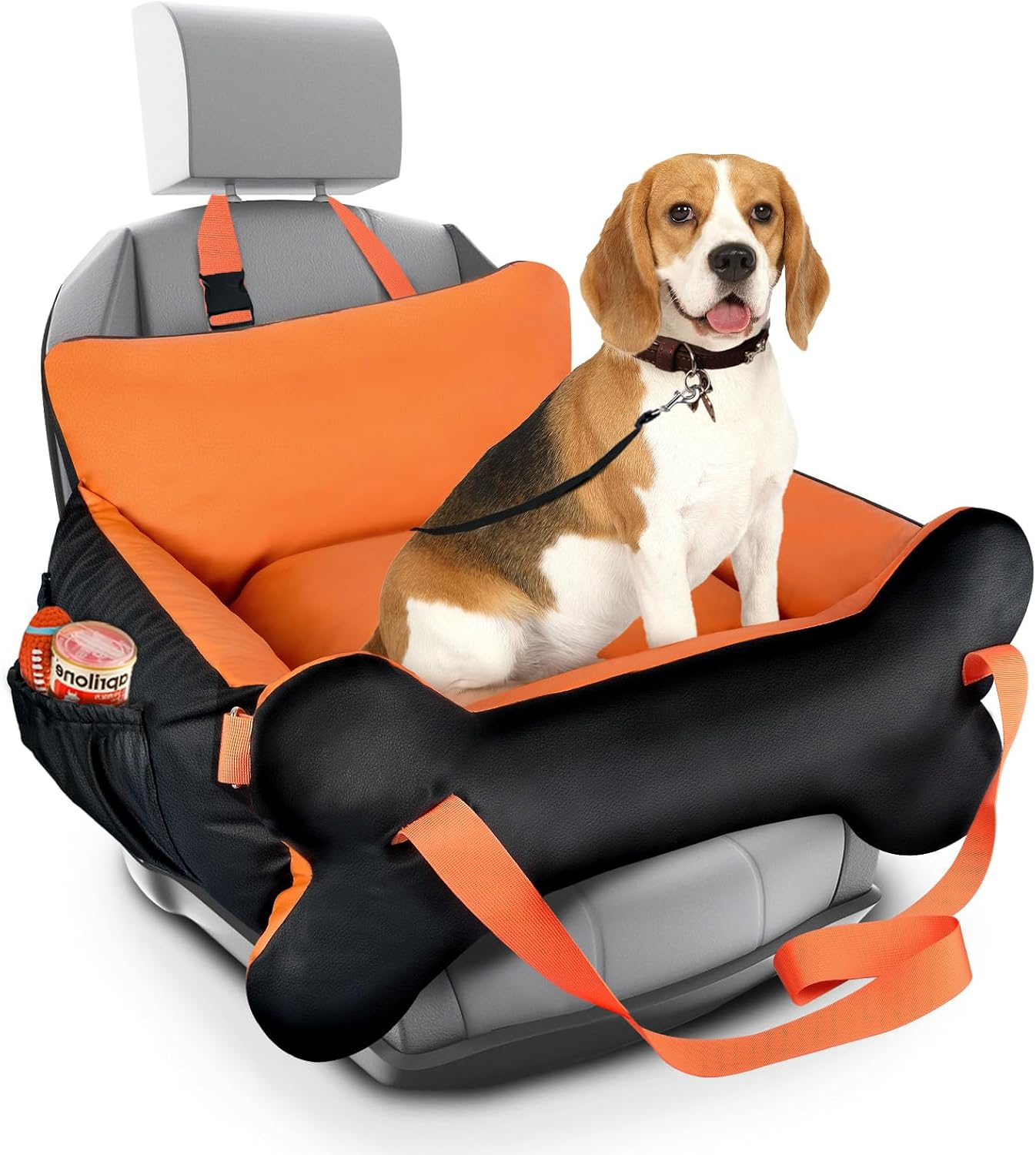 29.5"X19.7"X9.8" Dog Car Seat for Middle Dogs & Cats with Leash, Water-Resistant Faux Leather Booster Car Seat with Side Pocket for Summer Travel, Dog Bed for SUV, Truck with Bone Decor image number 2