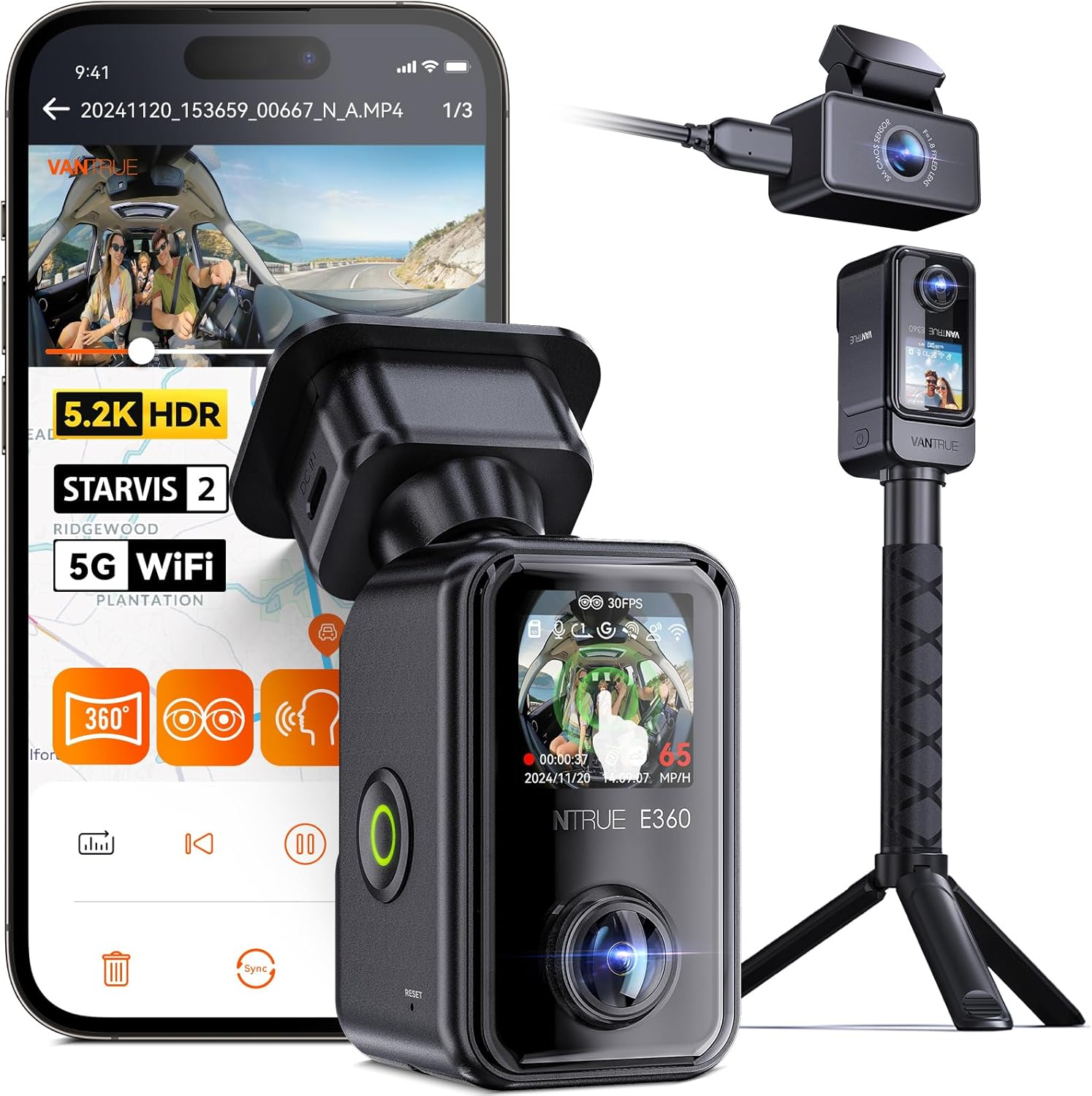 Vantrue E360 ACE 5.2K 360&deg; Panoramic Wifi Dash Cam, Handheld Camera, STARVIS 2, HDR, IR Night Vision, Front Rear inside Dashcam, Voice/Touch Control, GPS, 24/7 Buffered Parking Mode, Support 512GB Max image number 2