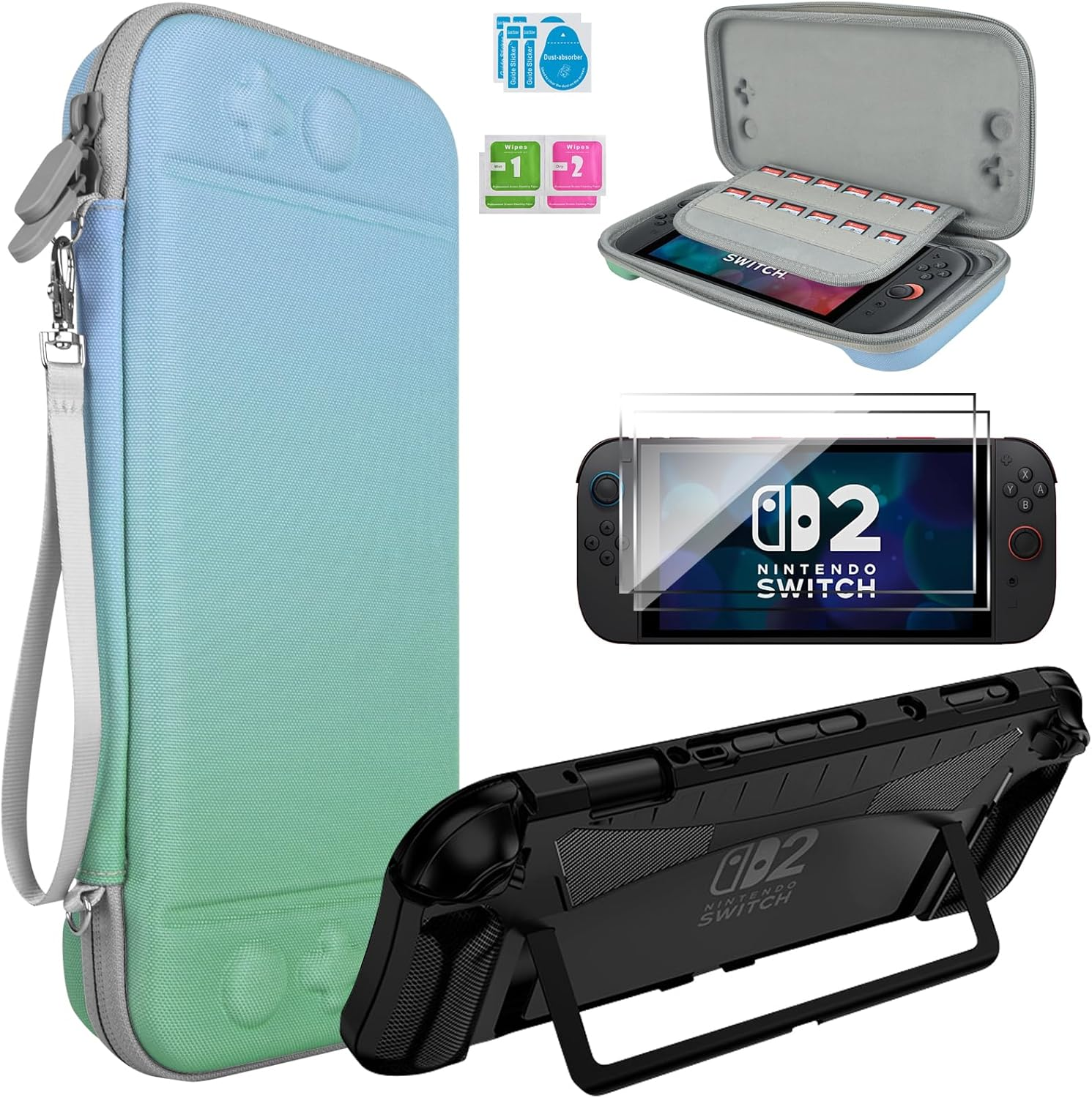 Tcaraersing for Nintendo Switch 2 Protective Travel Carrying Case with 12 X Game Card Slots, 1 Slim Comfortable Grip Cover, 2 Screen Protector, Dedicated Charger & Accessory Storage Pockets， Purple