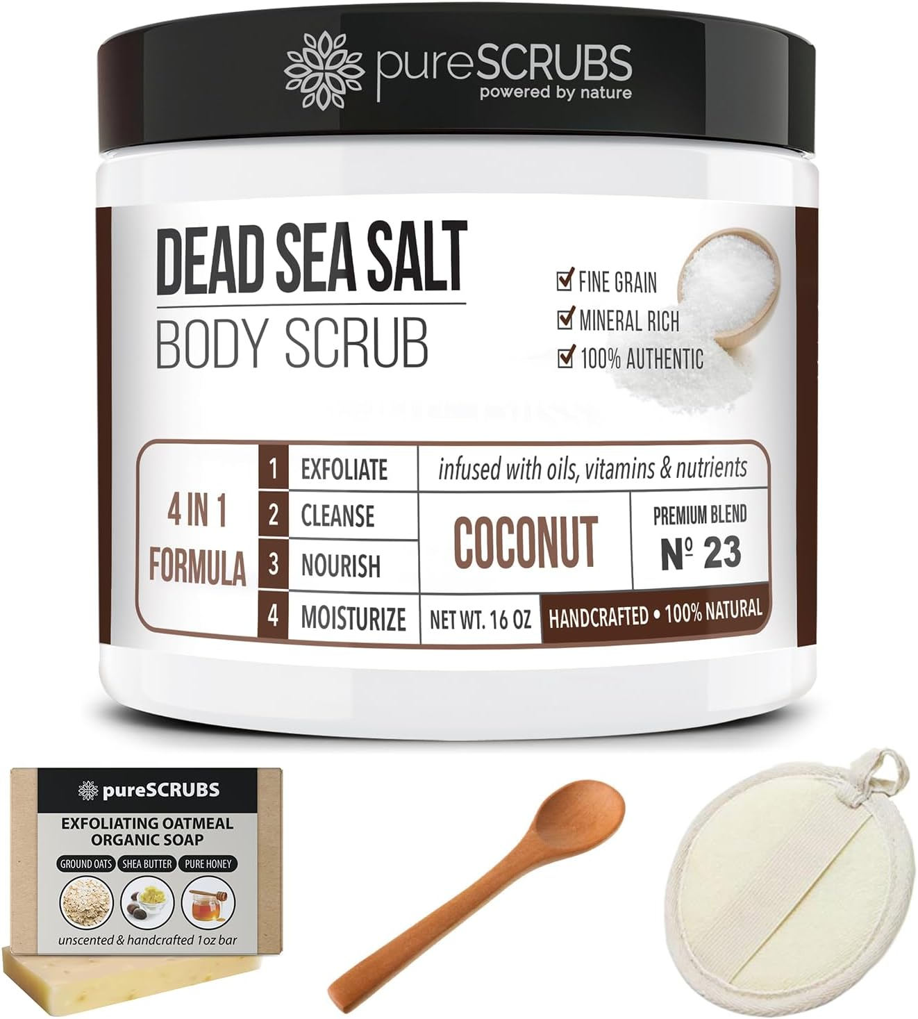Purescrubs Premium Coconut Body Scrub Set - Large 16Oz Dead Sea Salt Body Scrub with Infused Essential Oils & Nutrients, Includes Wooden Spoon, Loofah & Oatmeal Exfoliating Bar Soap image number 1