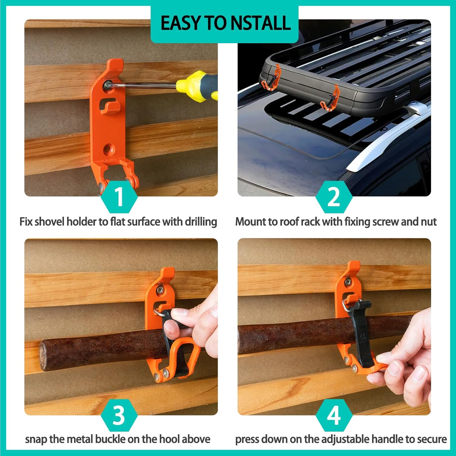 Drimzate Shovel Holder for Truck,2 Pcs Shovel Mount for Roof Truck,Metal Rubber Clamps for Roof Rack, Truck, Boats and Family Workshop Tools image number 4