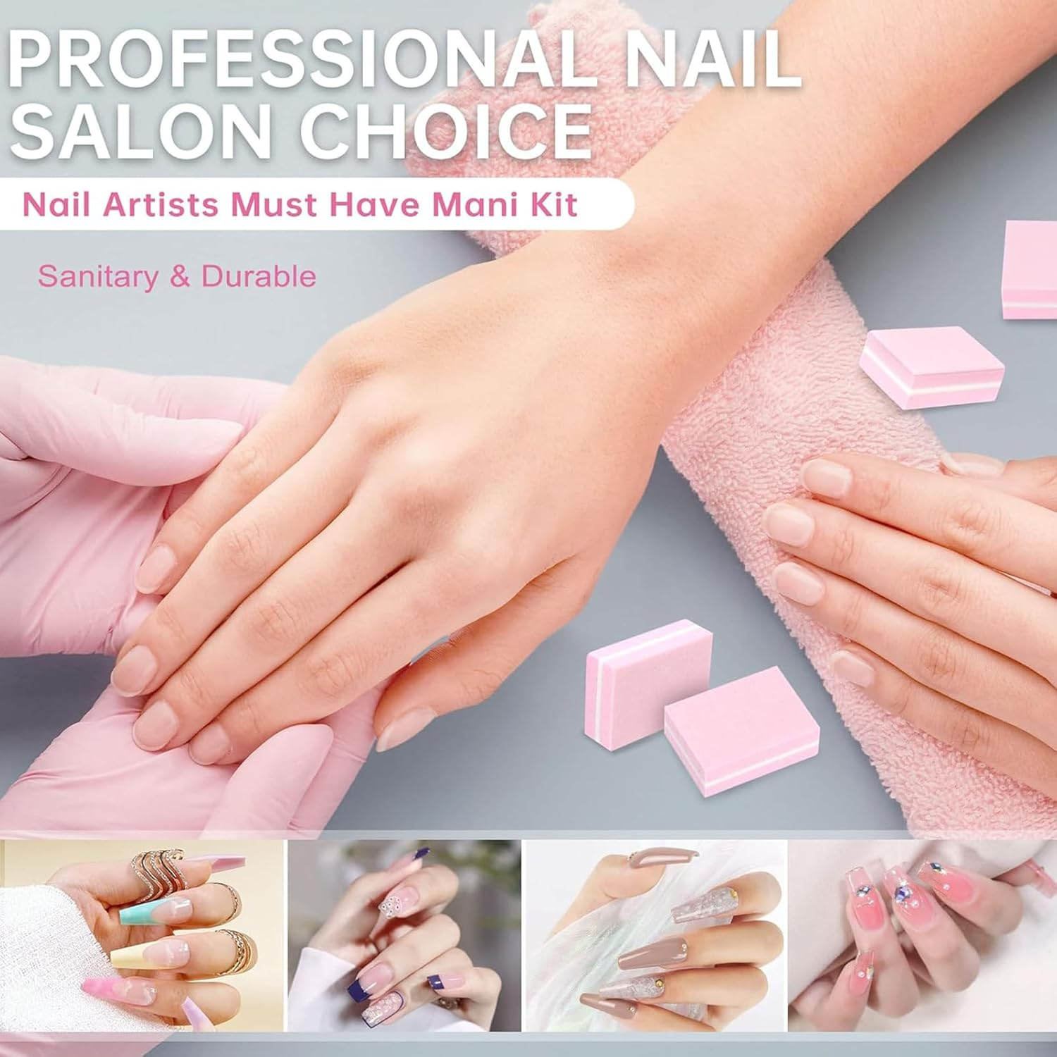 Jrusmr Nail Buffers (50 Pack)-Mini Buffer Block Nail File for Acrylic & Natural Nails, 100/180 Grit Double-Sided Buffing Blocks, Professional Manicure Set for Home & Salon Use-Pink image number 1