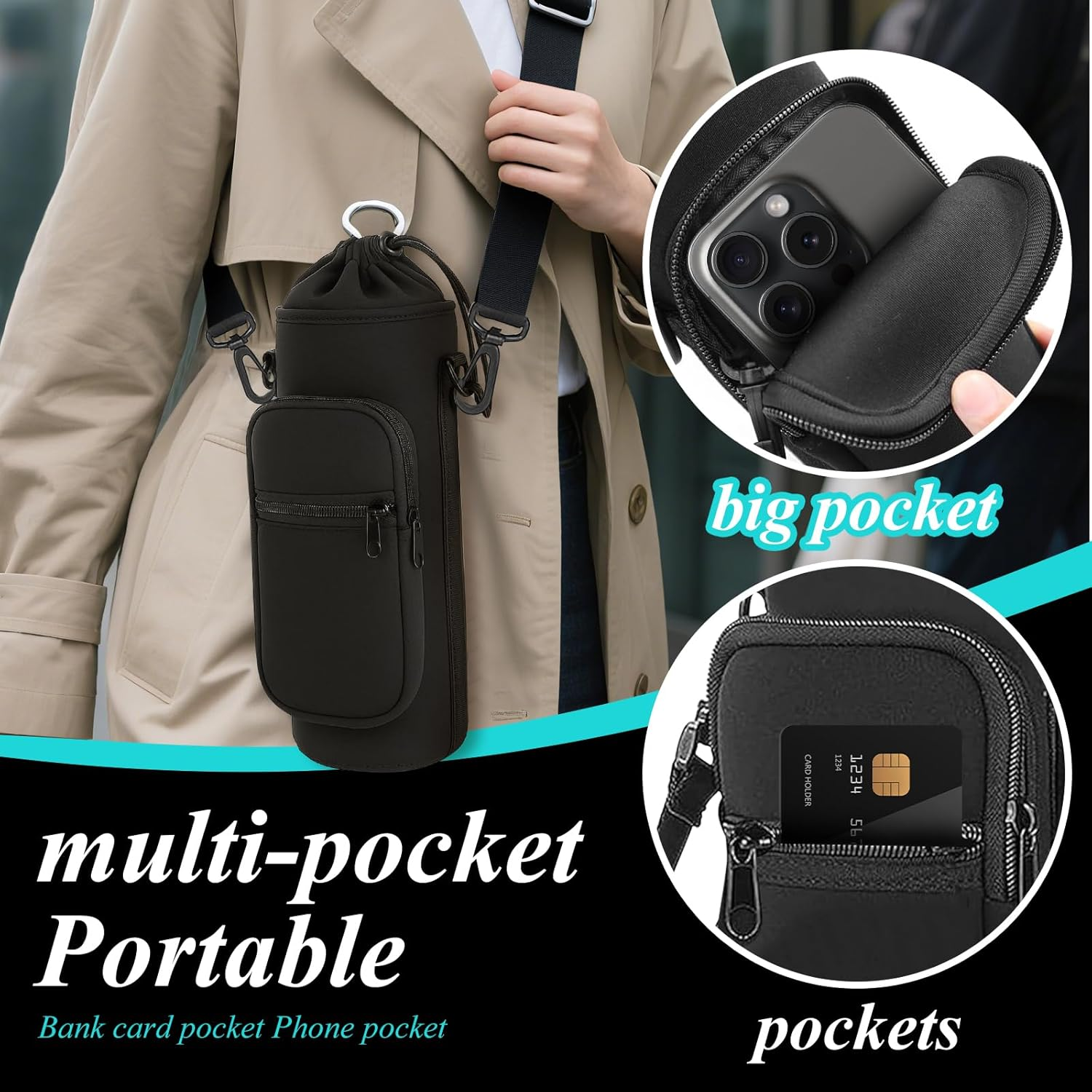 Pacify Water Bottle Carrier Bag 34Oz Water Bottle Shoulder Carrier Crossbody Sling Water Bottle Holder with Strap 2 Phone Pockets for Hiking Travelling Camping image number 6