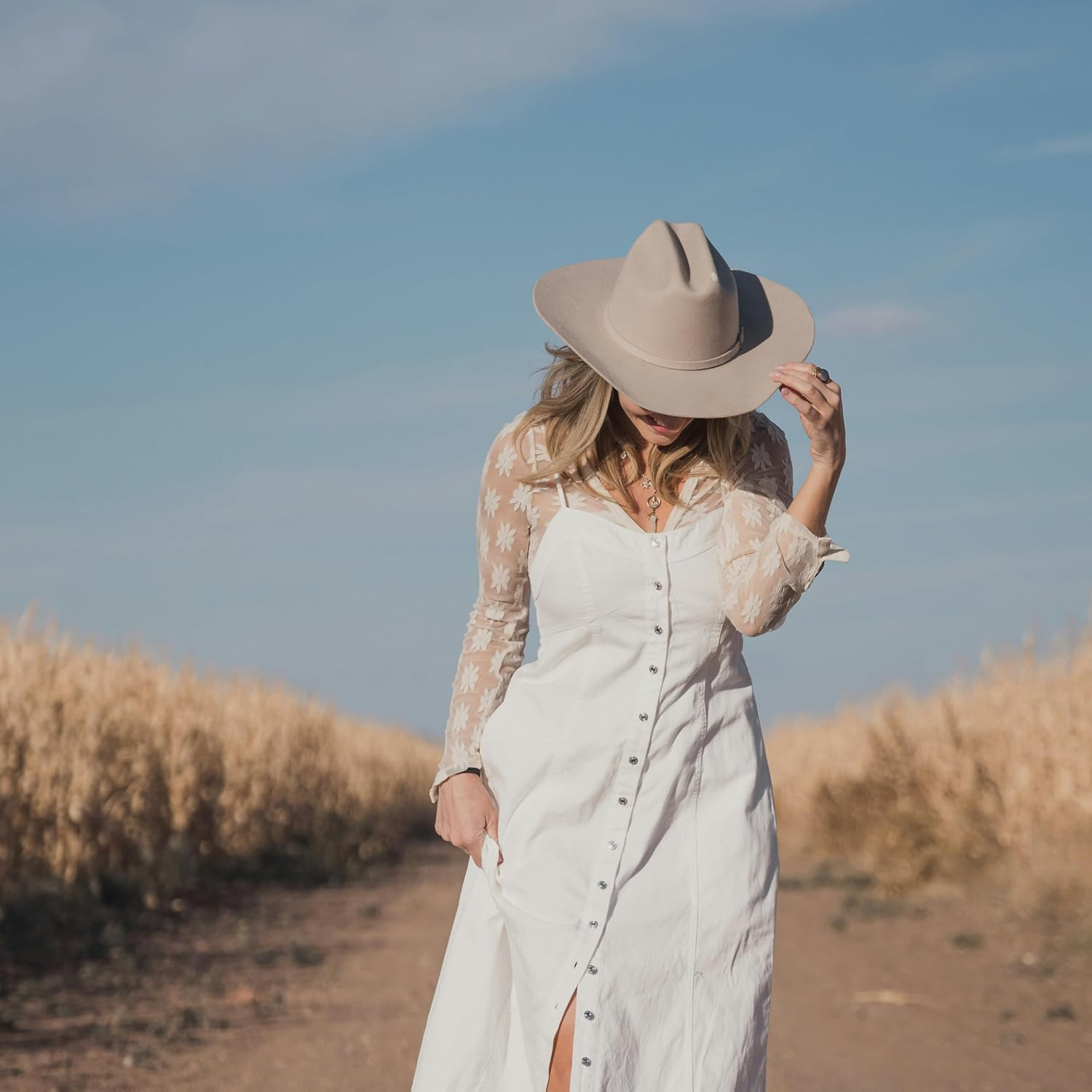 MTKCM White Cowgirl Cowboy Hat Wide Brim Bling Rhinestone Party Cap - S1-Khaki image number 3