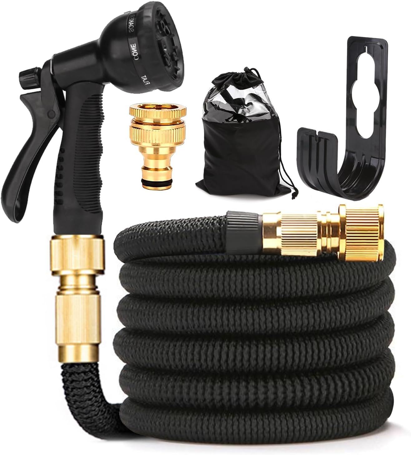 50Ft Garden Hose 15M Water Hose, with 8 Function Spray Nozzle, 1/2 Inch & 3/4 Inch Convertible Connectors, 15M Stretch Garden Hose Ideal for Car Wash & Garden