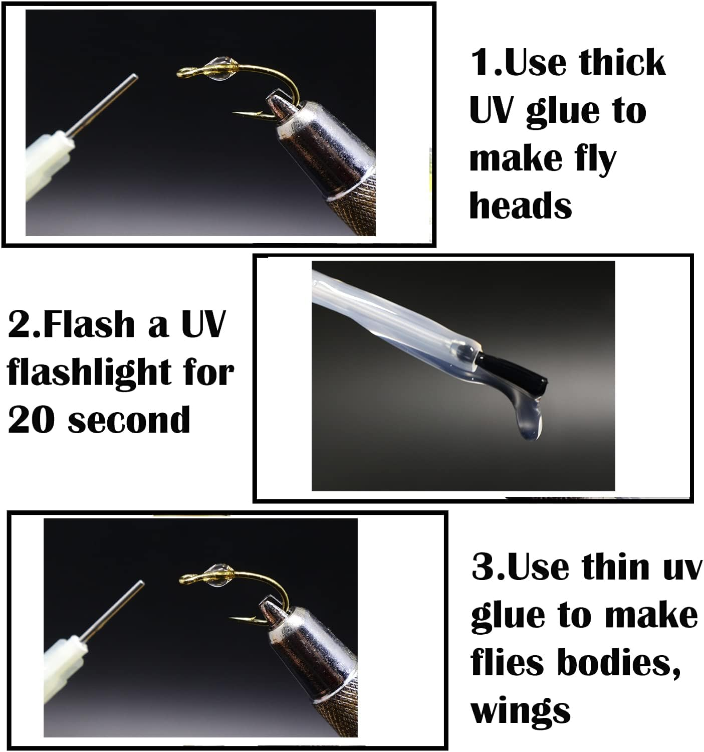 Greatfishing Fly Tying UV Clear Glue and Power UV Light Combo Three Bottles Thick Thin and Soft +12 LED UV Light for Building Flies Heads Bodies Wings and Gluing Eyes - Thin Uv Glue image number 3