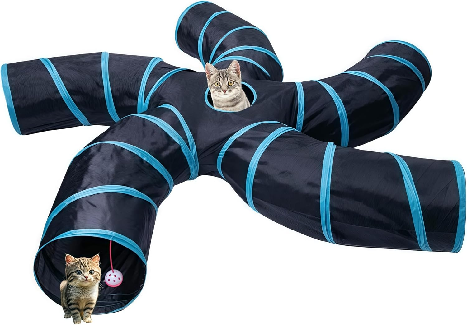 ELECLAND Cat Tunnel for Indoor Cats Large, with Play Ball S-Shape 5 Way Collapsible Interactive Peek Hole Pet Tube Toys, Puppy, Kitty, Kitten, Rabbit (Blue & Black) image number 3