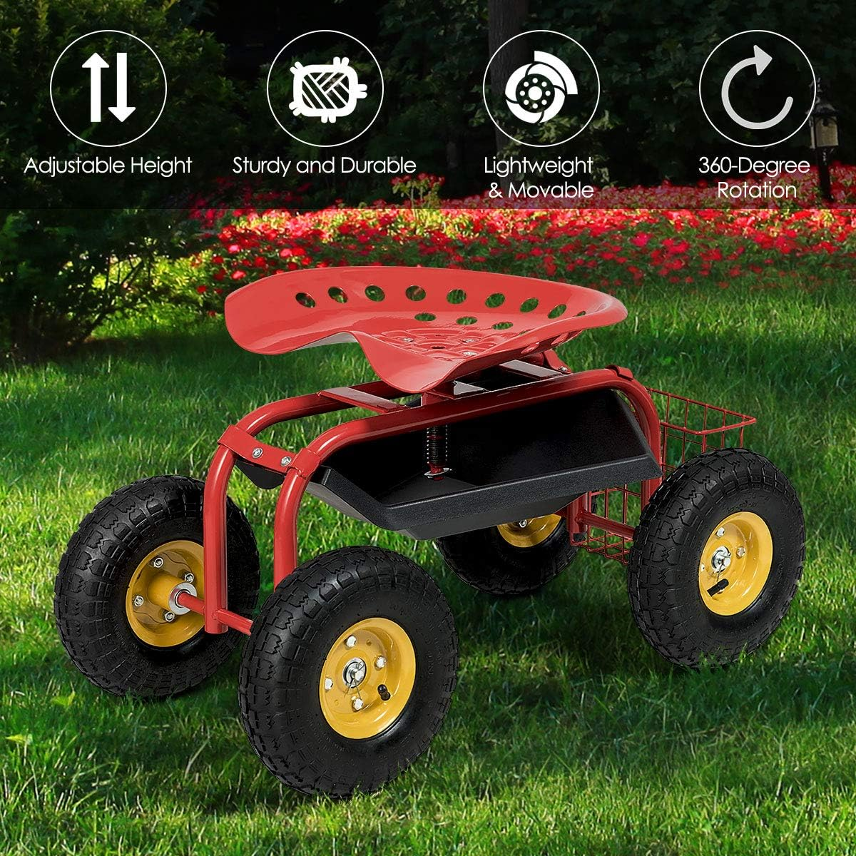 Costway Rolling Garden Cart Work Seat W/Wheels, Scooter W/360 Swivel Seat and Utility Tool Storage Basket, Heavy Duty Outdoor Work Cart W/Adjustable Height for Gardening Planting (Red)