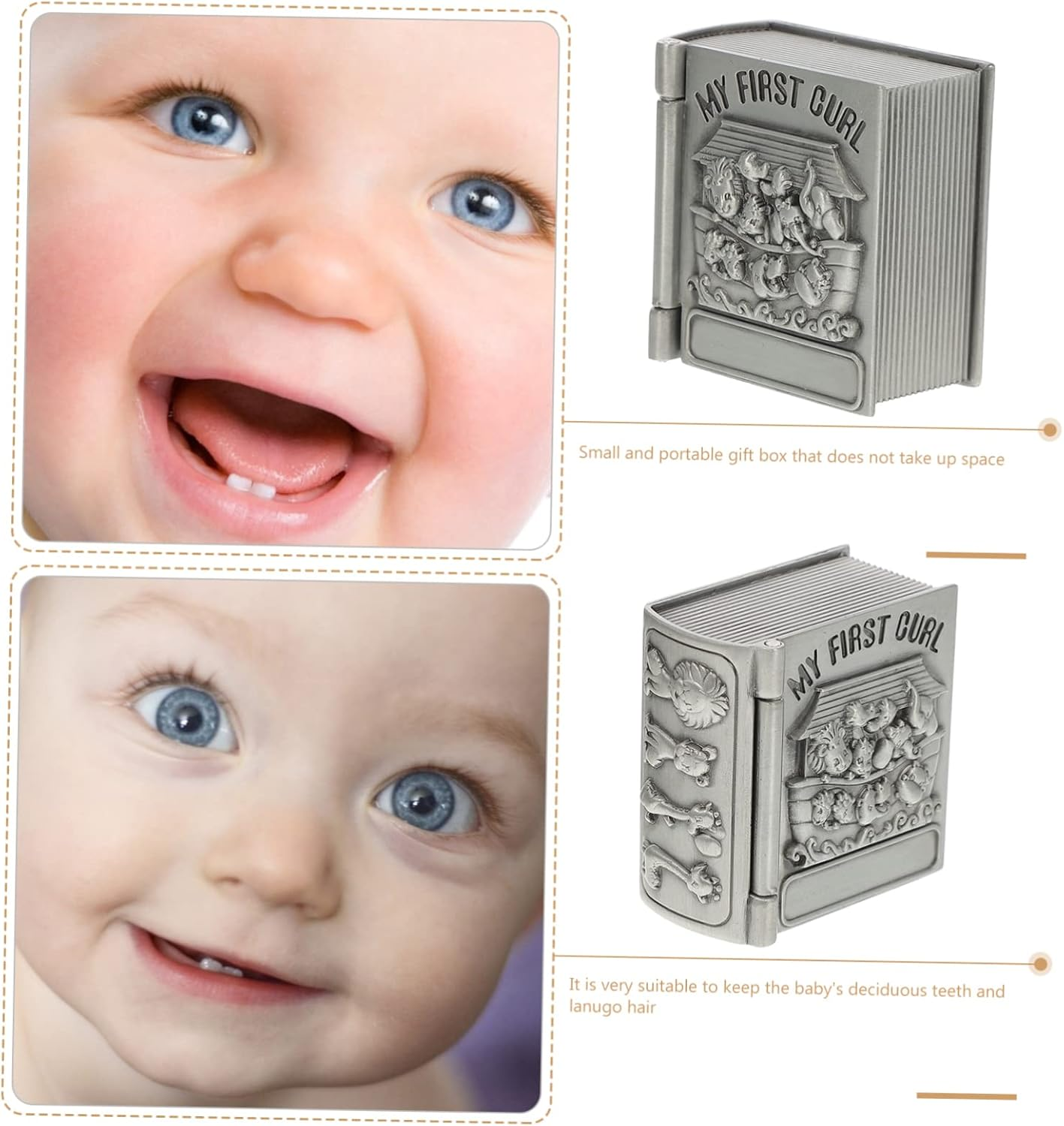 BESPORTBLE Baby First Tooth Cases and First Curl Storage Boxes for Kids, Metal Keepsake Organizers Vintage Treasure Chest Design, Silver Color, 2Pcs Set for Childhood Memory Preservation image number 6
