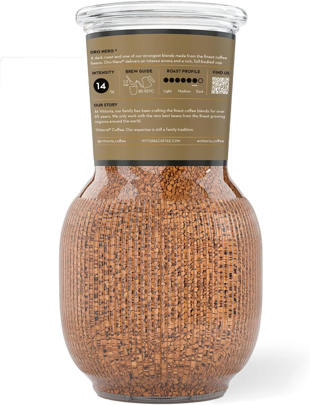 Vittoria Coffee Oro Nero Dark Roasted Instant Freeze Dried Coffee. Reusable Glass Jar Vase - 300G. Medium-Dark Intensity 14/15. Rich, Full Bodied Cup. image number 5