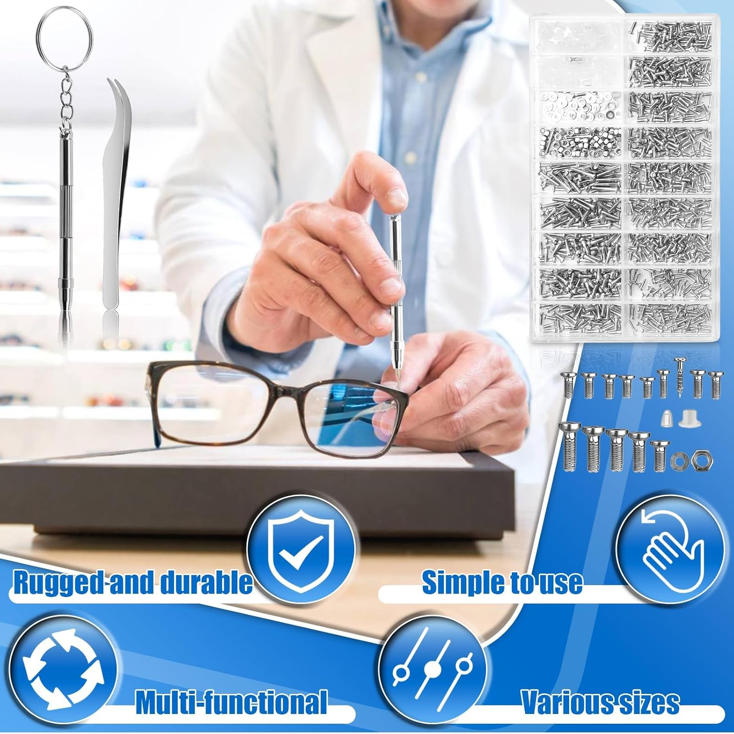 Eyeglasses Repair Tool Kit, Eyeglass Repair Kit with Glasses Screwdriver, 14 Sizes Glasses Screws for Eyeglasses, Sunglasses, Watch, Clock, Electronics Repair (1000Pcs) image number 1