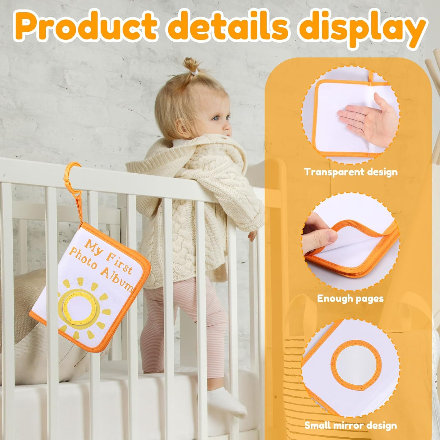 Baby Memory Album Book with Mirror, Safe Soft Cloth Baby Photo Album, Newborns First Family Memory Book Holds 17 Pictures for Kids Newborn Toddlers (A) image number 3