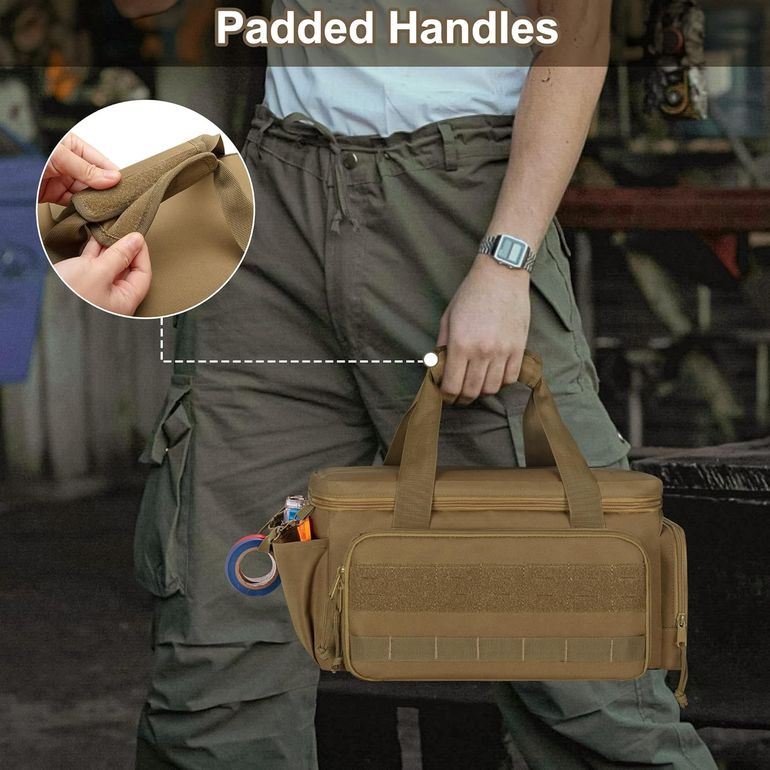 Rexmica 14 Inch Tool Bag for Men with Non-Slip and Thick Padded Base, Tool Bag Electrician, Multifunctional Work Bag for Craftsmen, Electricians, Carpenters, Khaki image number 2