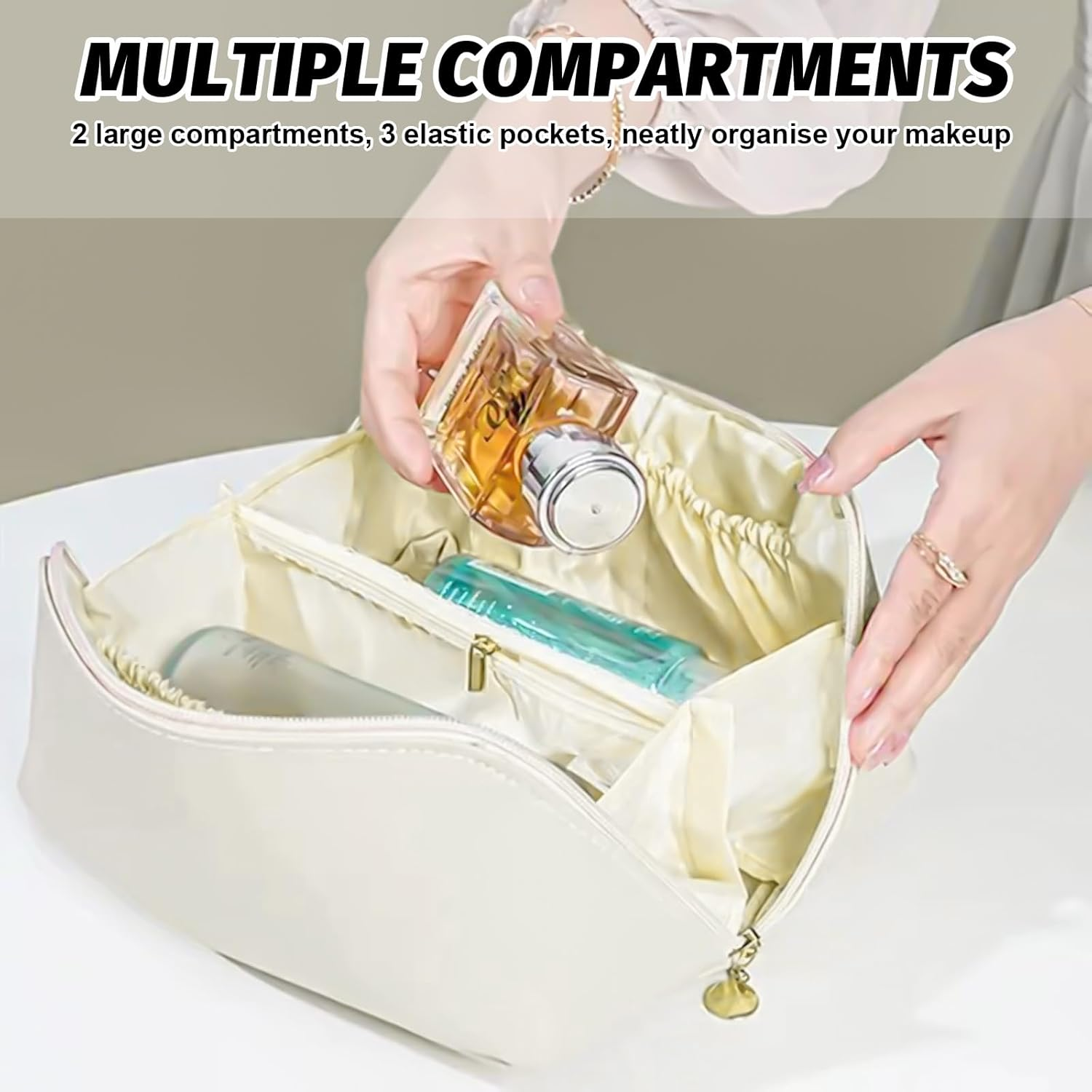 Cosmetic Bag, Extra Large Waterproof Makeup Organizer, High-Quality PU Travel Toiletry Bag for Women, Spacious Multi-Compartment Storage Pouch for Cosmetics, Skincare, Brushes, and Essentials (White)