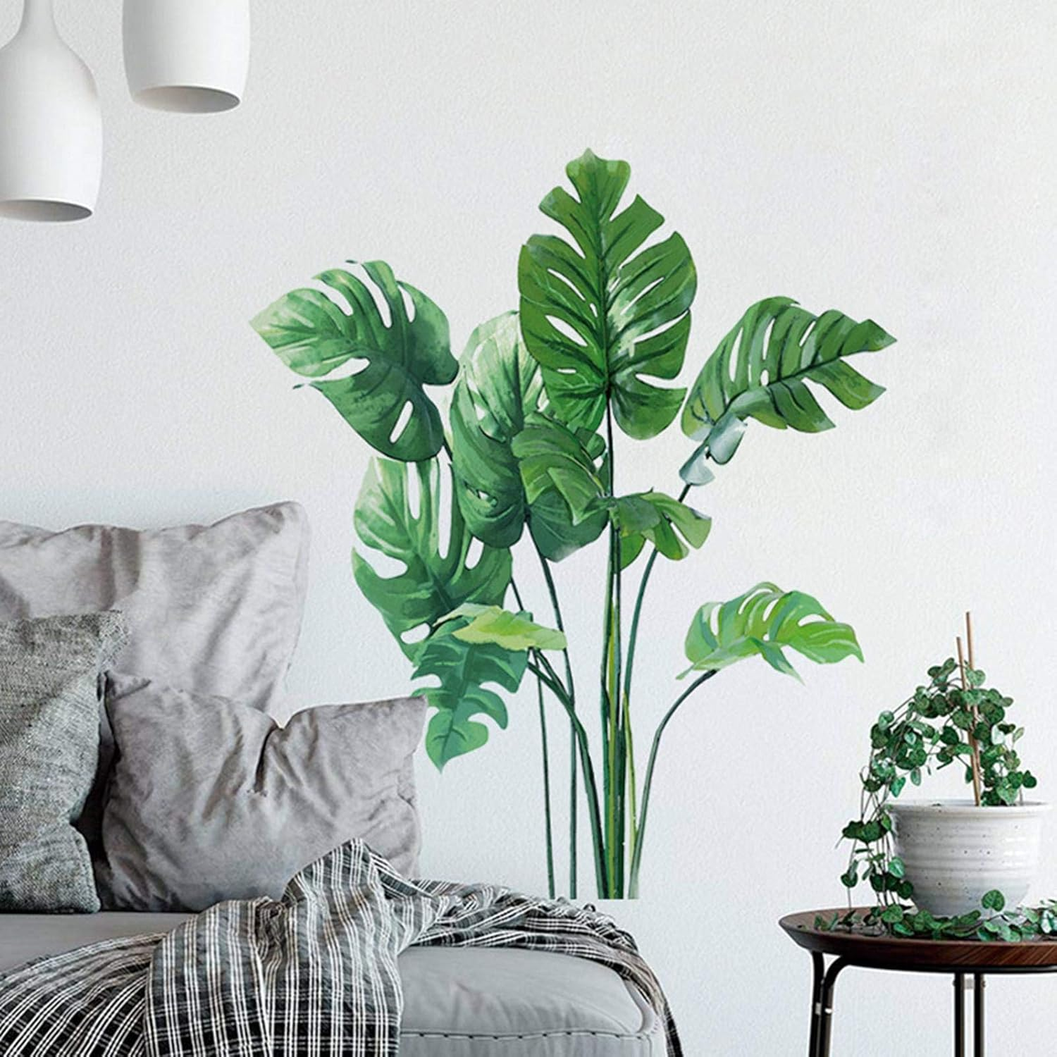 Leaf Wall Decals Monstera Leaf Tropical Plants Wall Stickers for Living Room, Palm Leaf Wall Posters Natural Green Plants Art Murals Vinyl Wallpaper for Bedroom Nursery Office image number 3