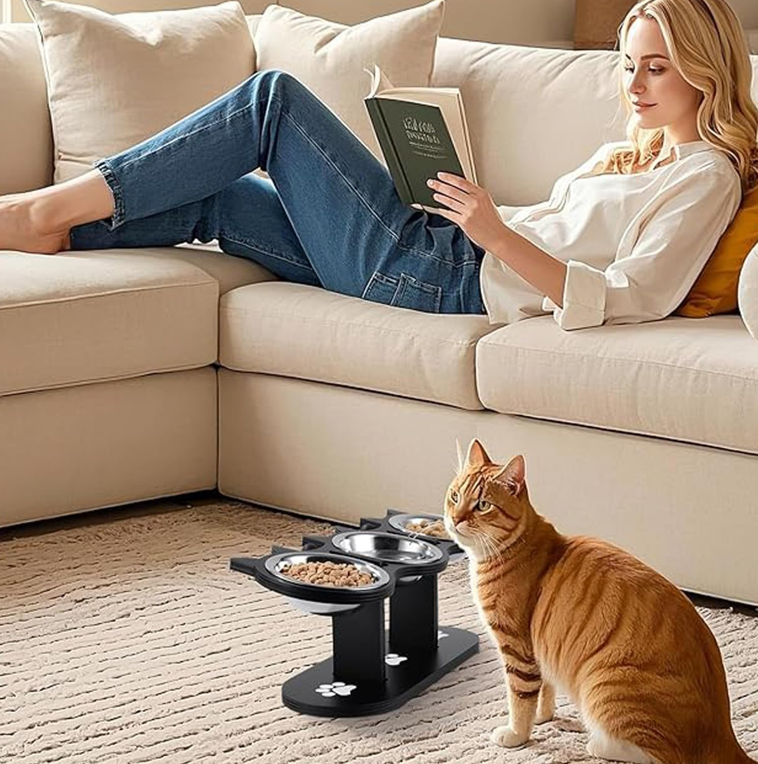 Elevated Cat Bowls - 3 Stainless Steel Elevated Cat Food Dishes with Stand 15&deg; Swivel and a Placemat (Wood) image number 4