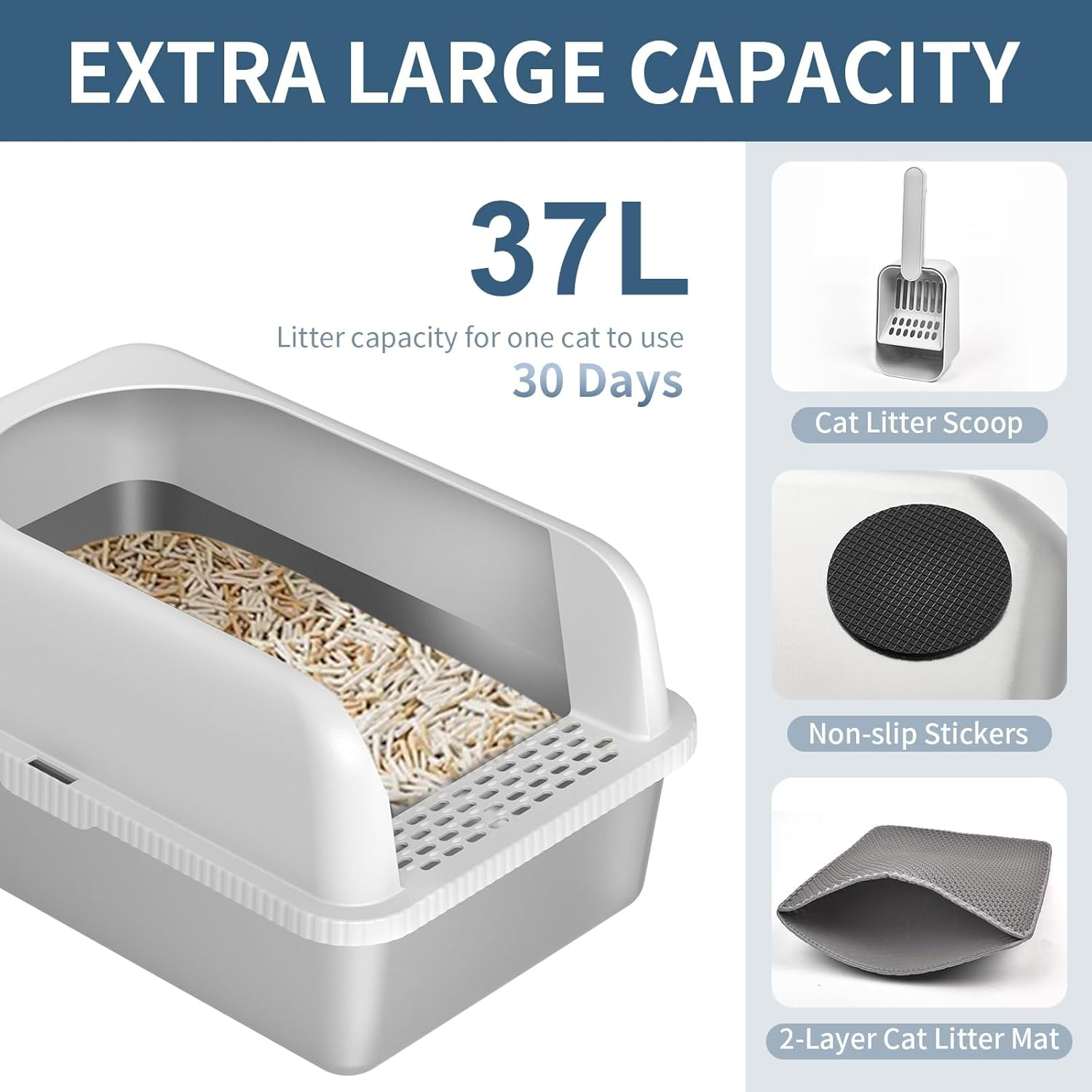 SIMTWO 2 Pack Stainless Steel Cat Litter Box with Lid XXL 61Cm X 41Cm X 30Cm, Extra Large Cat Litter Box for Big Kitty Semi-Enclosed with Cat Litter Mat & Scoop image number 5