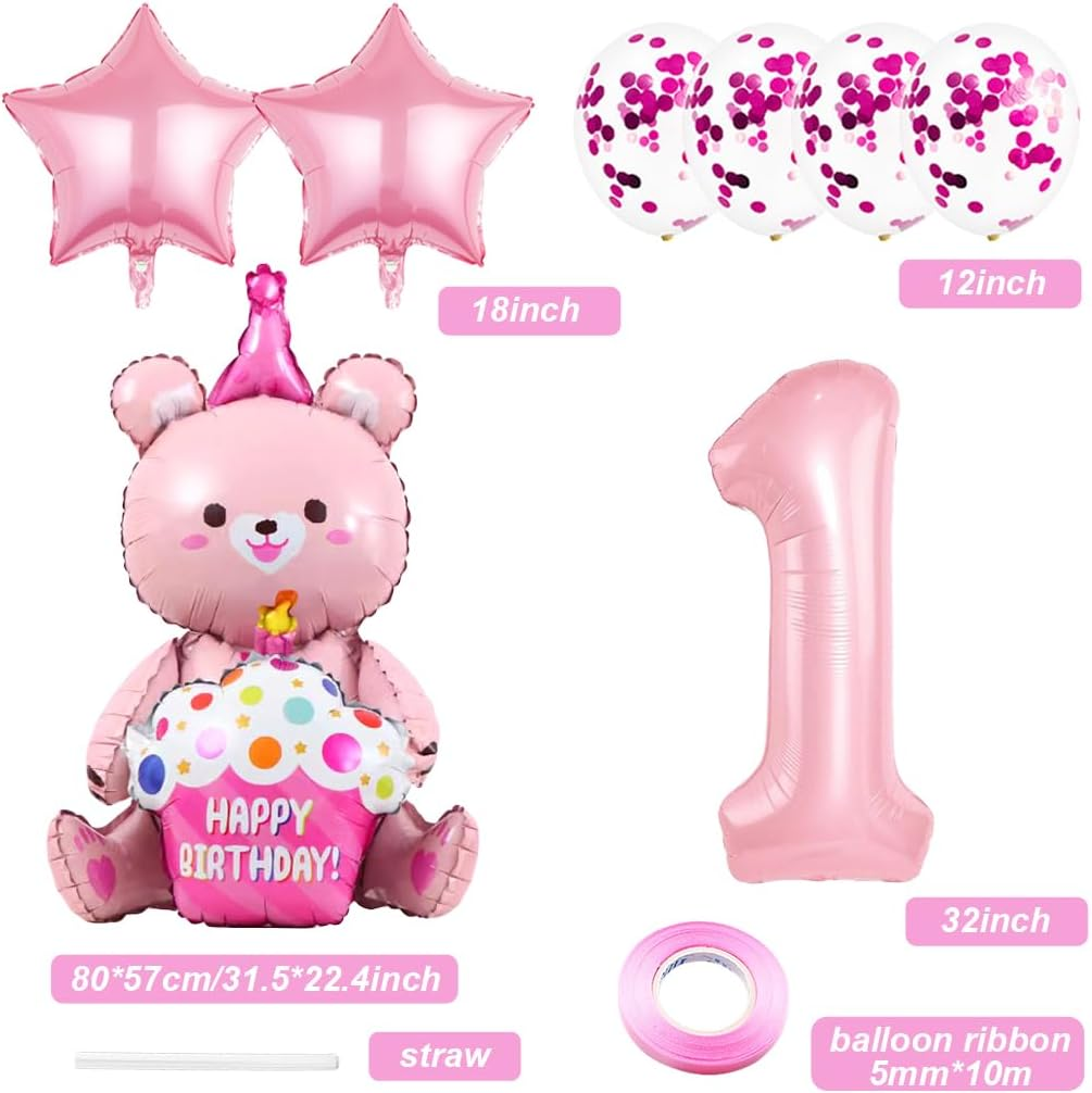Weenkeey 1St Bear Birthday Balloons Giant 4D Bear Aluminum Foil Balloon Number 1 Mylar Balloon Bear Hug Cake Balloon for Bear Theme Party Supplies Girls Birthday Baby Shower D&eacute;cor image number 3