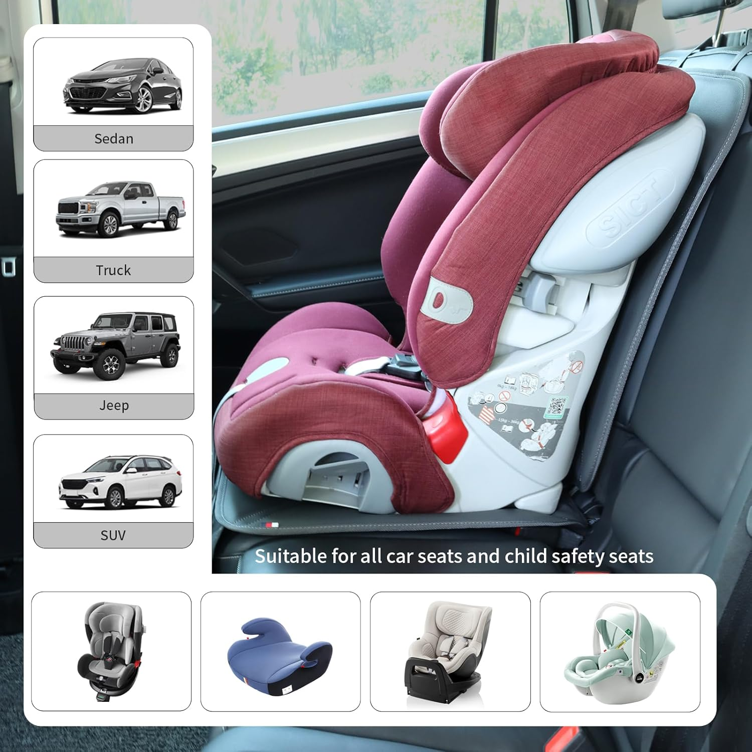 Car Seat Protector Leather Waterproof Child Safety Seat Protector Cover with Thick Pad and 2 Large Pockets Durable Kick Mat for All Auto Seat (Deep Gray)