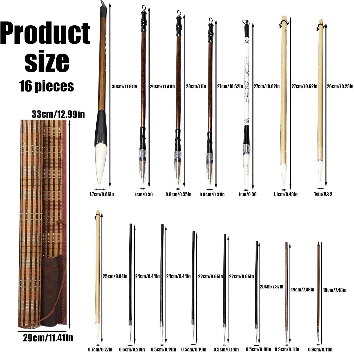 15 Piece Chinese Calligraphy Brush Set with Roll-Up Bamboo Holder, Professional Sumi Brushes Different Sizes Writing Brush for Watercolor Ink Painting Drawing Art Supplies (Burlywood)