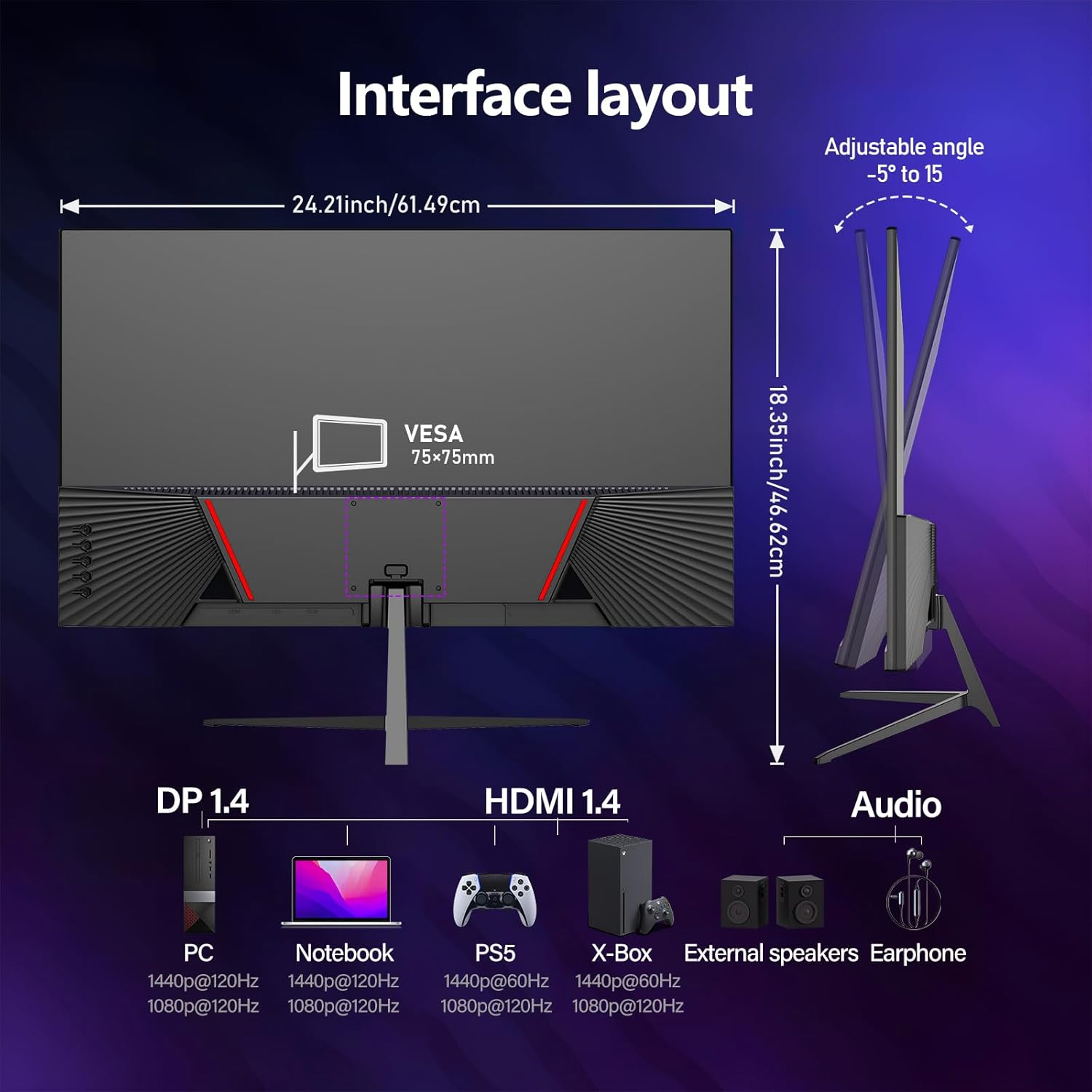 27" 2K Gaming Monitor - 120Hz, QHD PC Computer Screen IPS with AMD Freesync, Flicker-Free, Support VESA Mountable (75X75Mm) image number 6
