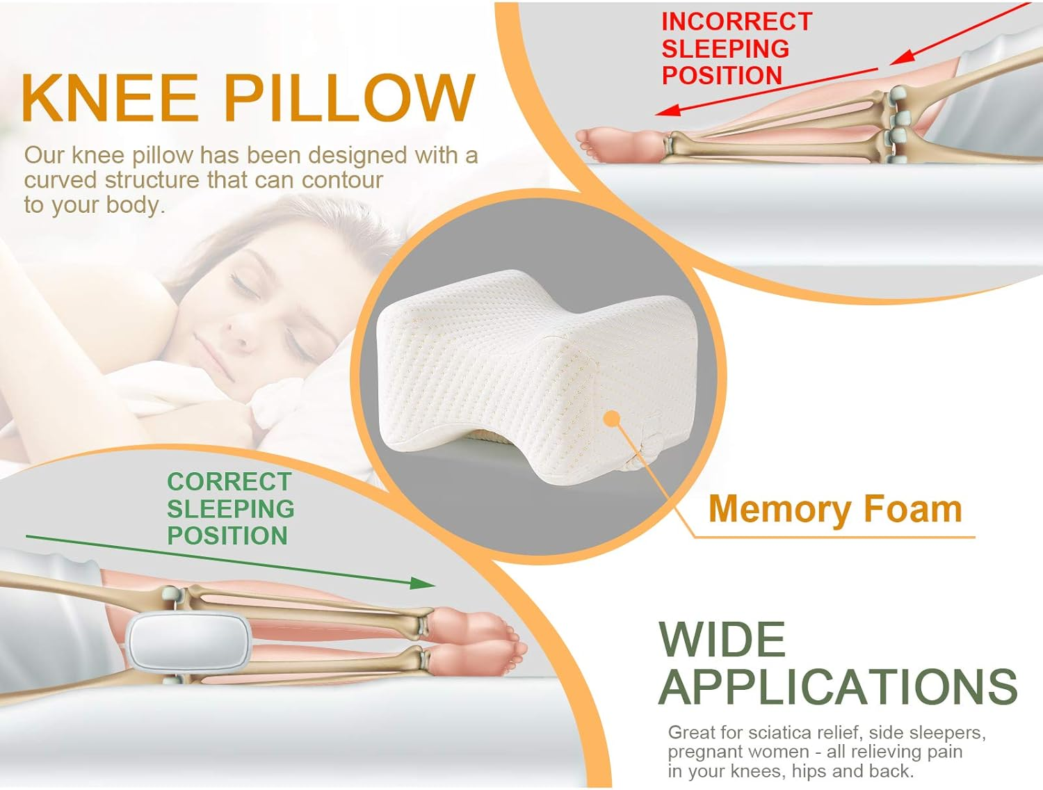 Xcellent Global Memory Foam Knee Pillow with Washable Cover, for Side Sleepers, Hip Leg Pillows for Sleeping, Spacer Cushion for Sciatica Relief, Back Pain, Leg Pain, Pregnancy, Hip and Joint Pain image number 3