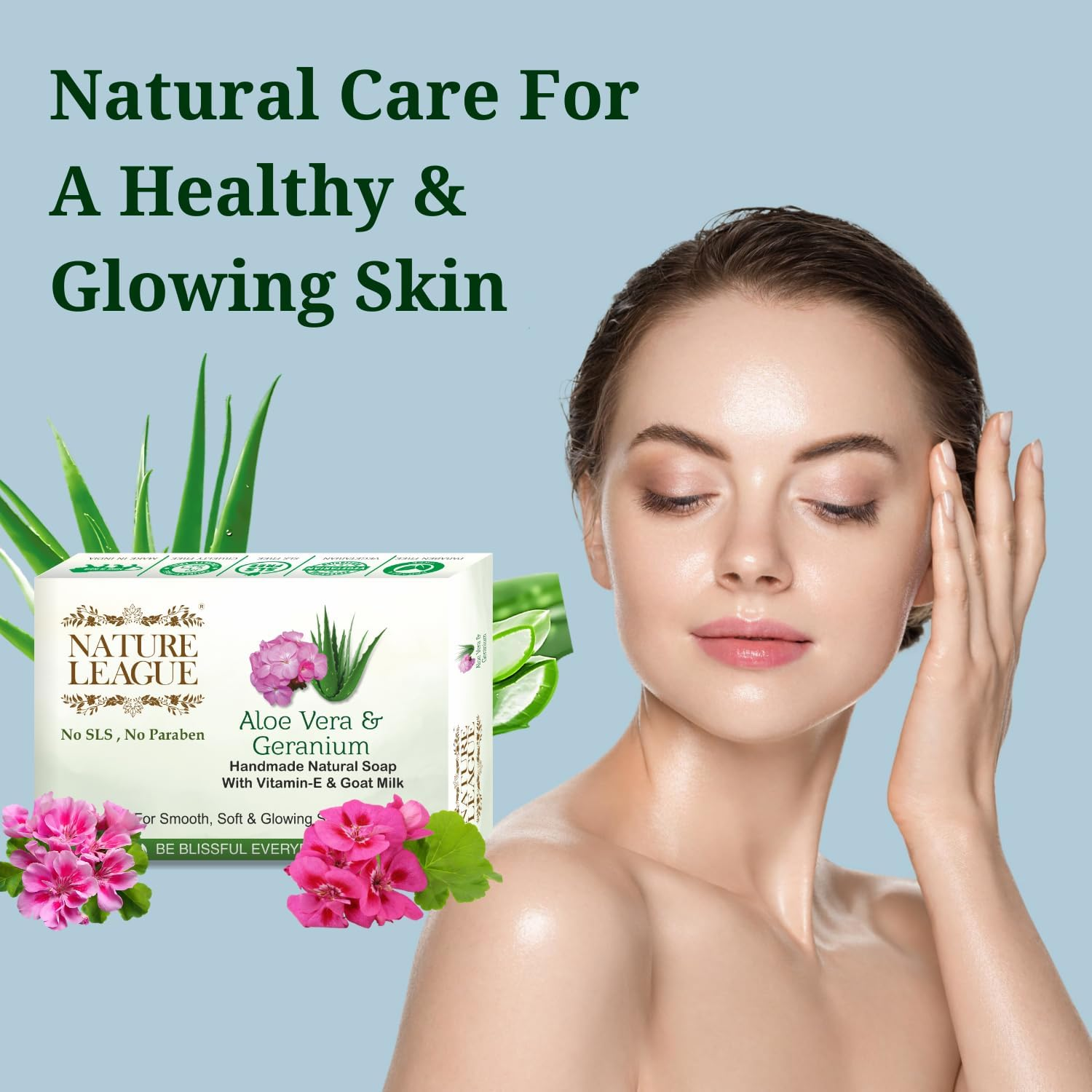 NATURE LEAGUE &ndash; ALOEVERA & GERANIUM | Natural Handmade Soap | with Aloevera Extract & Geranium Essential Oil | Vitamin-E | Sulphate, Paraben, Phthalate & Silicone Free (400 Gm) image number 1