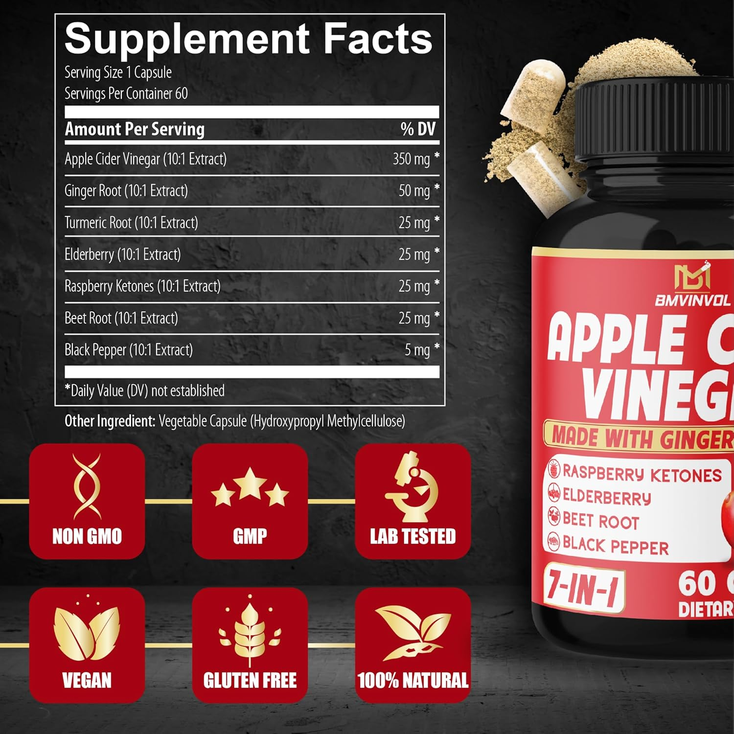 Apple Cider Vinegar Capsules - Herbal Equivalent with Ginger, Turmeric, Elderberry, Beet Root - 2 Months Supply image number 4