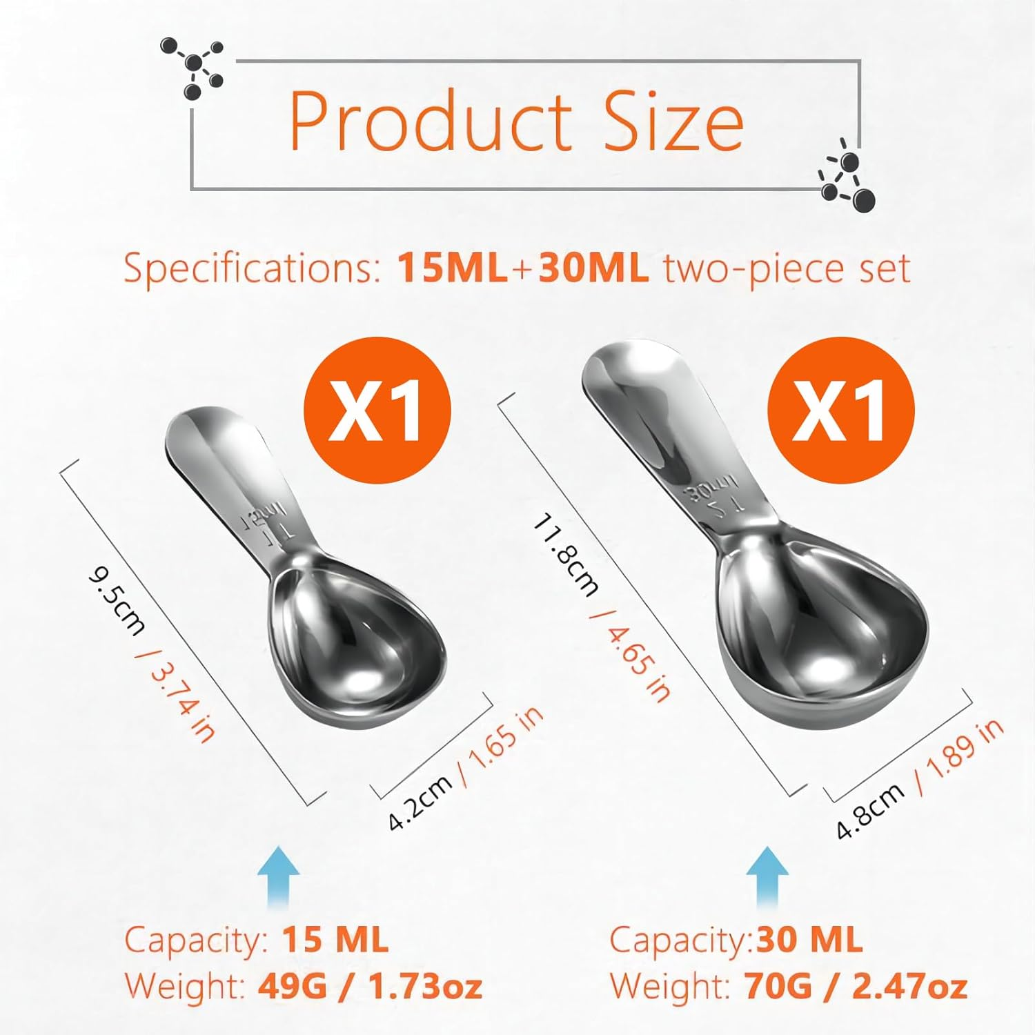 Stainless Steel 430 Coffee Scoop, Coffee Measuring Spoon Short Handle for Measuring Coffee, Milk, Tea,Sugar,Lemon Juice, and Olive Oil,Set of 2(15 Ml & 30 Ml) image number 2