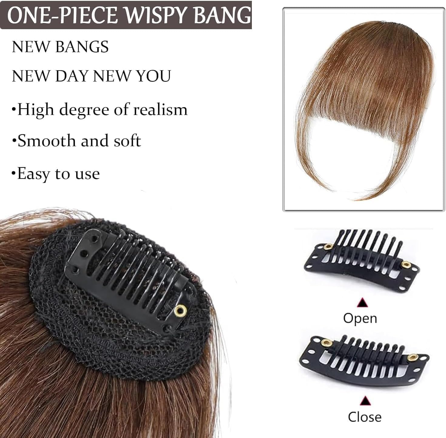 Clip in Bangs - Real Human Hair Extensions for Women,Brown Clip on Wispy Bangs with Temples, Natural Curved Hairpieces for Daily Wear (Light Brown, 6 Inch) image number 2