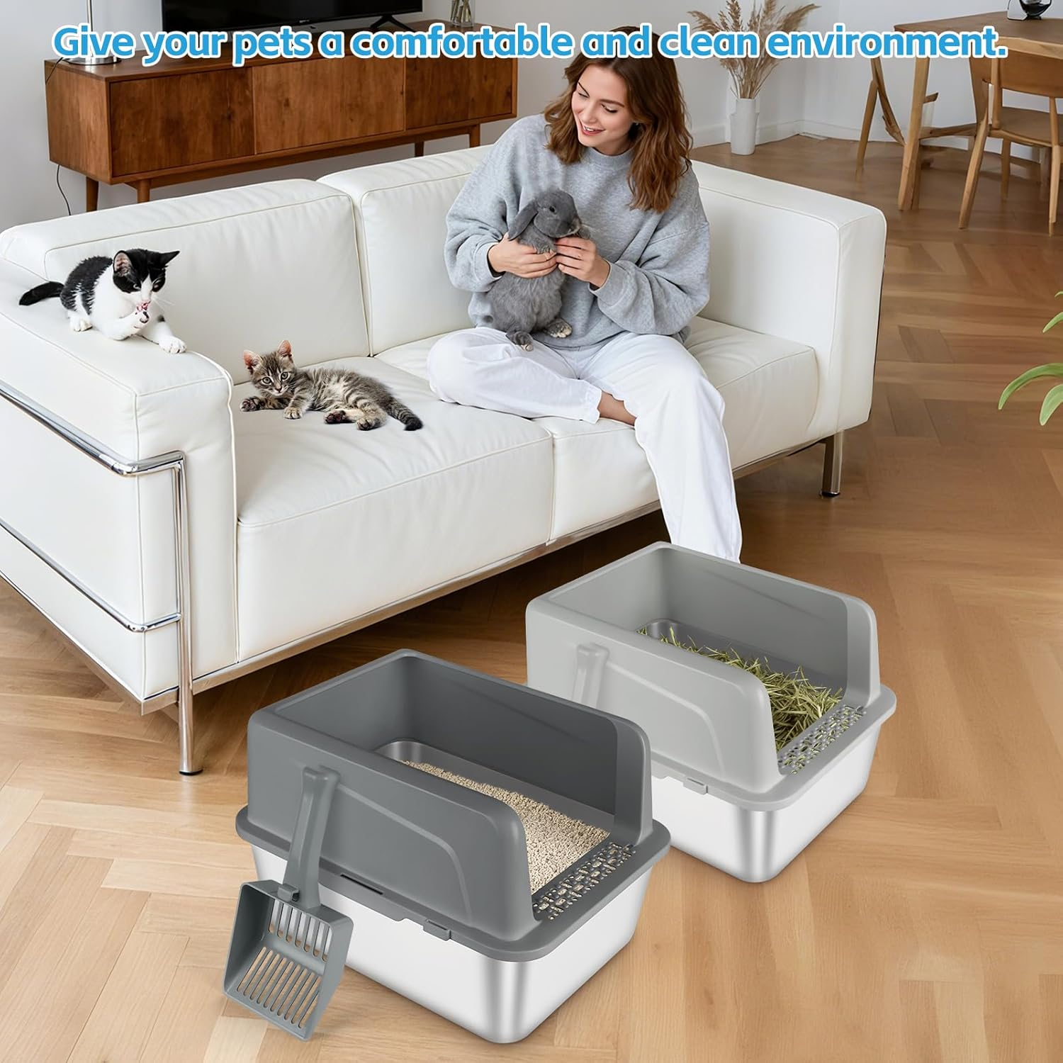 Bartuke 2 Pack Kitty Stainless Steel Litter Box, Large Rabbit Litter Box with Scoop, Small Animal Toilet for Kitten, Rabbit, Guinea Pigs, Hamster(Dark Grey & Light Grey) - Dark Grey  Grey image number 6
