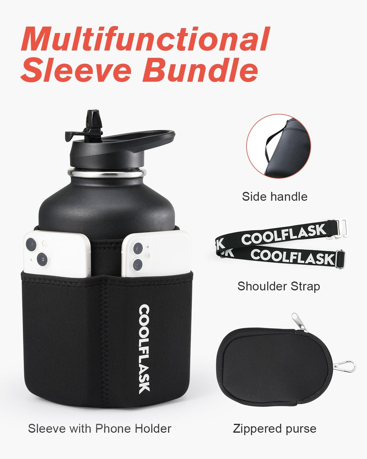 Coolflask 64 Oz Insulated Water Bottle with Strap & Sleeve, Half Gallon Water Jug 3 Lids Stainless Steel Multifunctional Flask Bpa-Free, Keep 48H Cold 24H Hot, Compact Yoga/Gym Bottle, Black image number 1