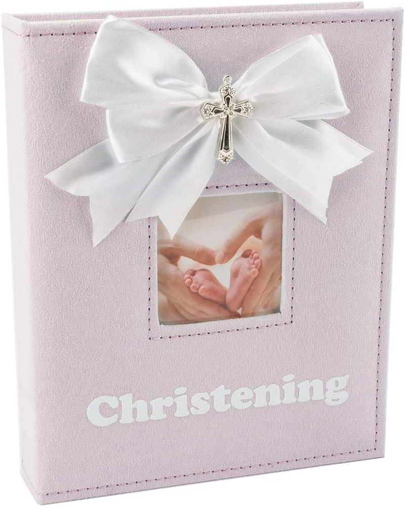 Haysom Interiors White Faux-Silk Bow and Silver Plated Cross Christening Photo Album in Pink by Happy Homewares Pink image number 2