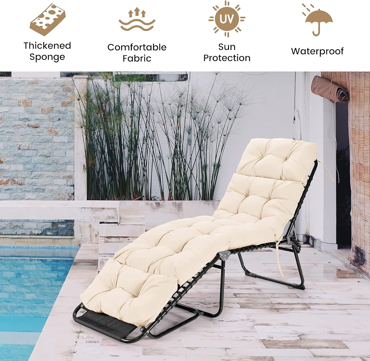 GRAFFY Lounge Chair Cushion, 72&rdquo; X 22&rdquo; X 4&rdquo; Patio Chaise Lounge Cushion W/4 String Ties, Thickened Recliner Cushion W/Waterproof Design, Tufted Patio Recliner for Outdoor Indoor (Beige) image number 4