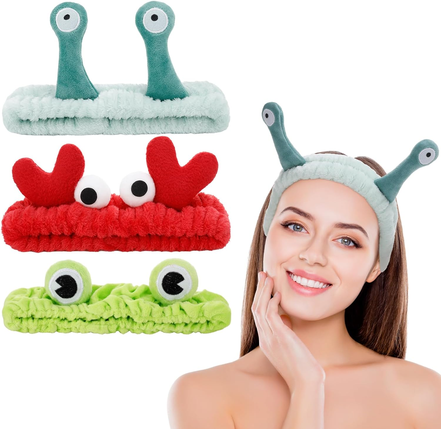 Apricitie Face Wash Headband, Spa Headband, Makeup Headband, Coral Fleece Hair Bands, Elastic Headband, Snail Frog, Crab Headband for Washing Face, Sports, Beauty, Pack of 3