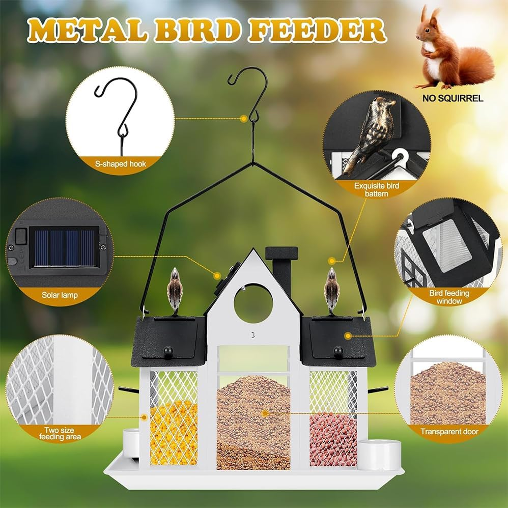 Creative House Metal Courtyard Hummingbird Squirrel Bird Feeder Outdoor Balcony Hanging Courtyard, Large Capacity Metal Wild Bird Feeder Squirrel Proof for outside Decoration,Superise for Bird Lovers. image number 3