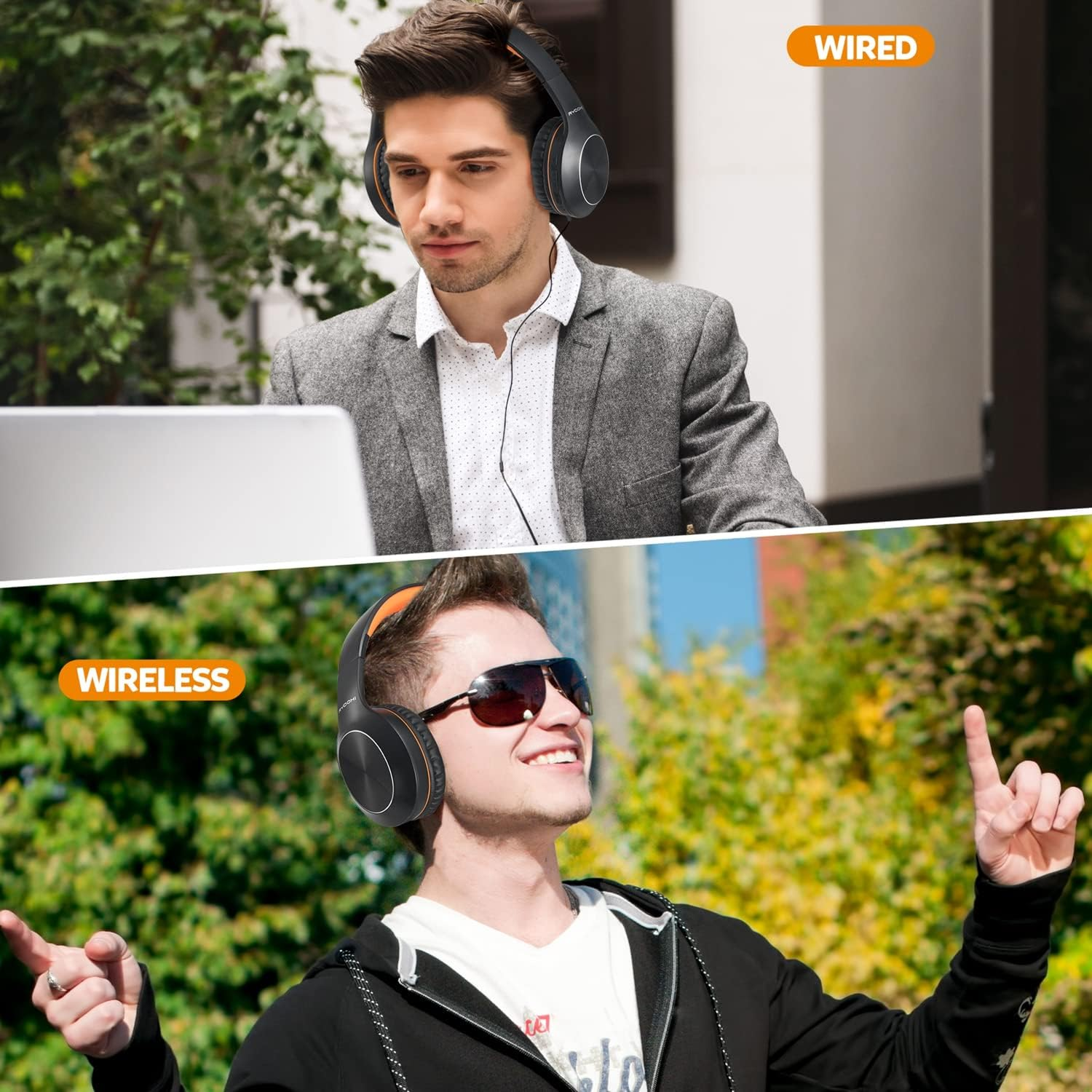 Rydohi Bluetooth Headphones over Ear, 68H Playtime and 3 EQ Music Modes Wireless Headphones with Microphone/Deep Bass, Hifi Stereo Foldable Lightweight Headset for PC Home Travel Office (BLACK-ORANGE) - Black image number 5