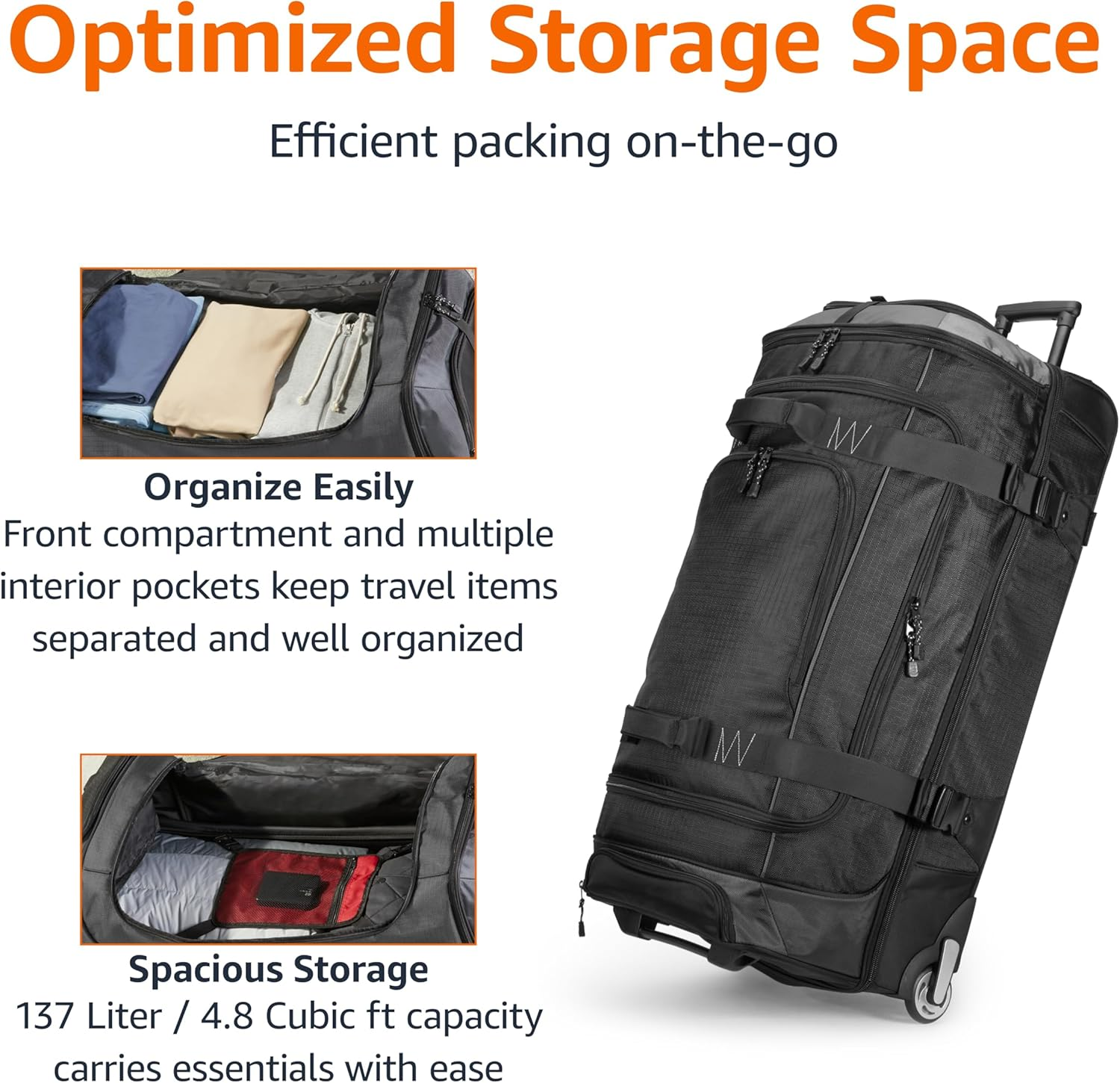 Amazon Basics Rolling Duffel Bag with Wheels, Ripstop Luggage for Traveling, Telescoping Handle, 90Cm, Black image number 5