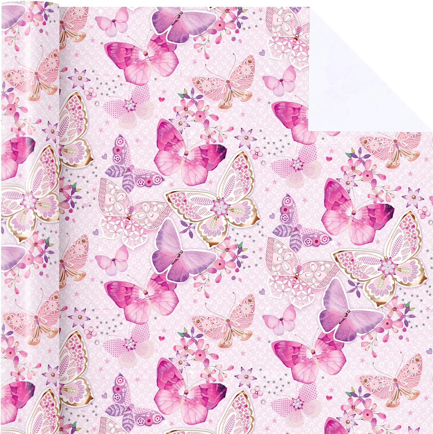 WRAPAHOLIC Pink Butterfly Wrapping Paper Roll - Mini Roll - 17 Inch X 33 Feet - Fantasy Butterfly Design, Perfect for Birthday, Wedding, Bridal Shower image number 4