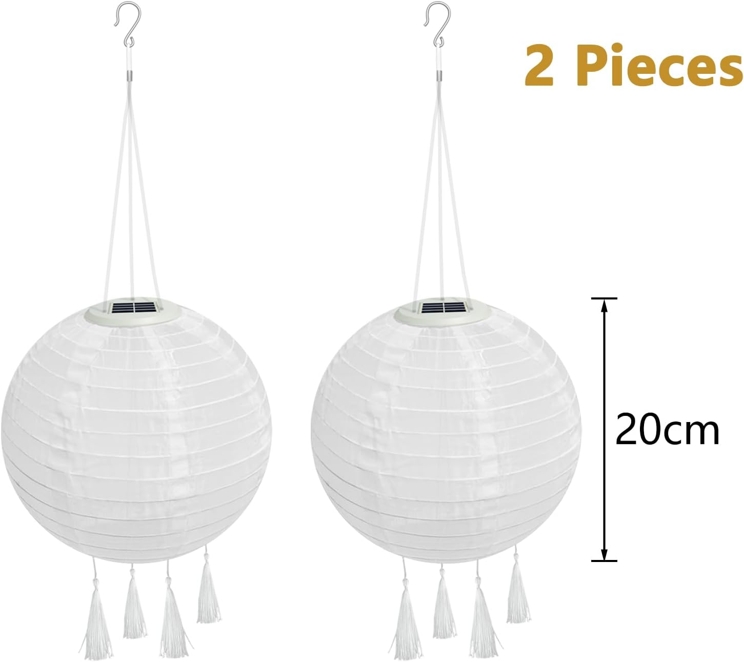 YIFMOO Solar Lanterns, Pack of 2 20 Cm Solar Lanterns, Outdoor Weatherproof, LED Waterproof Lantern with 4 Tassels, Hanging Nylon Lantern for Gardens, Yards, Balconies, Wedding Decoration (Warm White) image number 3