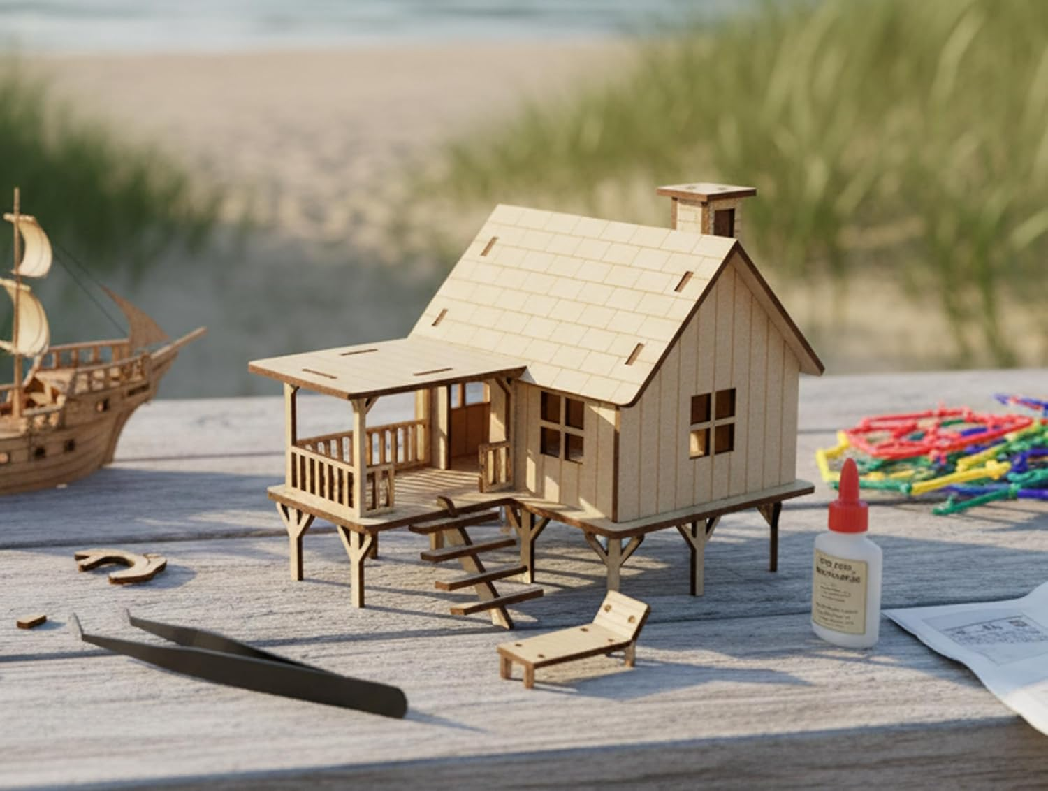 Stonkraft Wooden 3D Puzzle Beach House - Home Decor, Construction Toy, Modeling Kit, School Project - Easy to Assemble image number 1