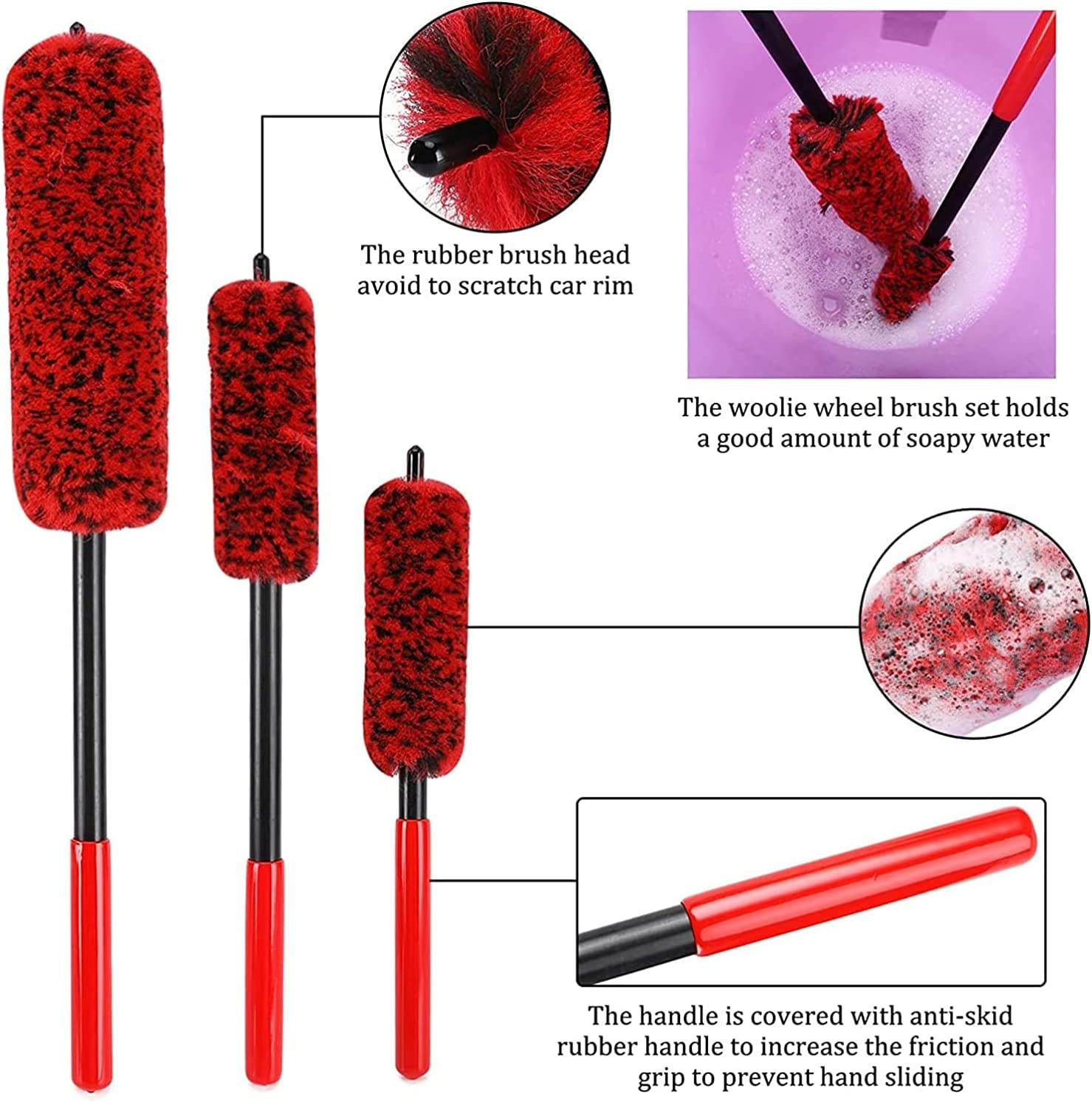 3 PCS Car Wheel Cleaning Kit, Soft Wheel Woolies Cleaning Brush, Detailing Brush for Cleaning Wheels, Rims, Fenders image number 1