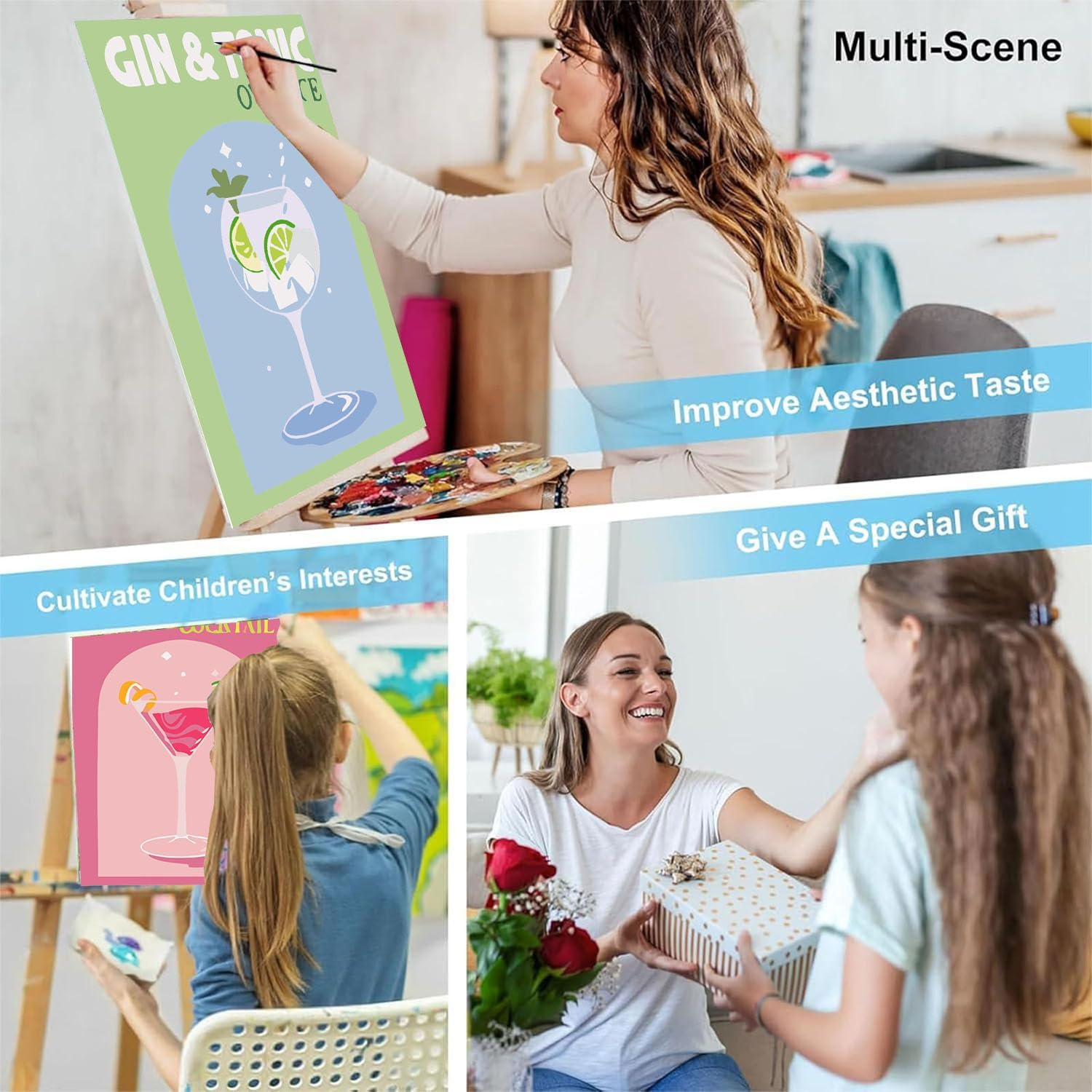 Ajepon 4 Pack Retro Cocktail Paint by Numbers Kit for Adults, DIY Vintage Easy Paint by Number with Framed Canvas, 8X12Inch image number 5